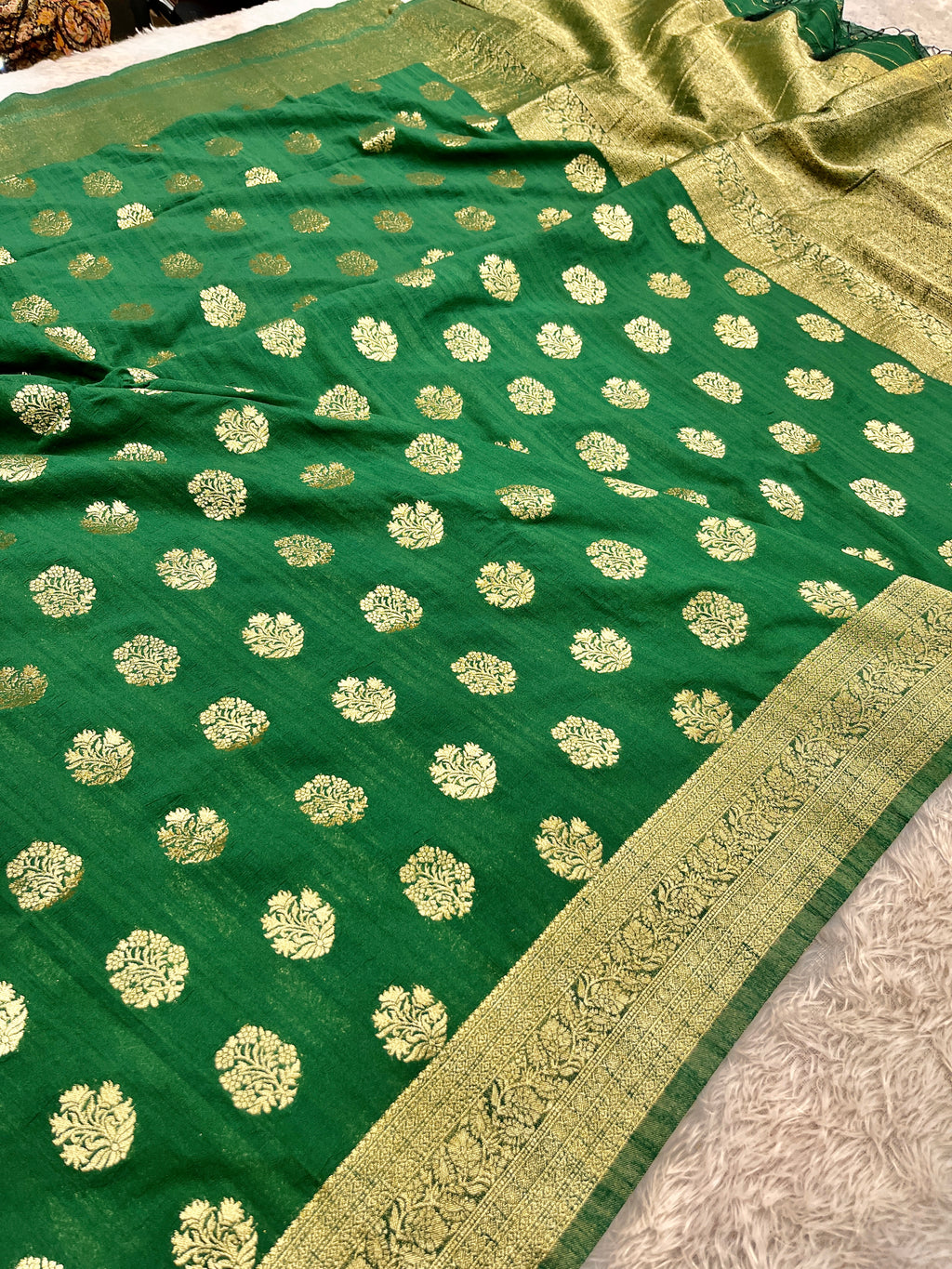 Raw Silk Zari Butaa Green color  Saree RS004