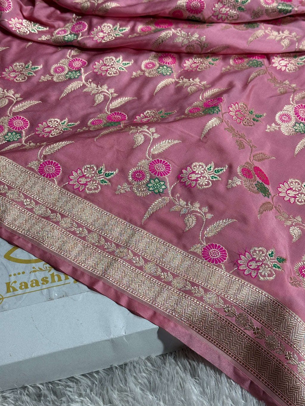 Pink Premium Banarasi Mashru Silk Saree with Jaal Meena Woven Pattern MKS154