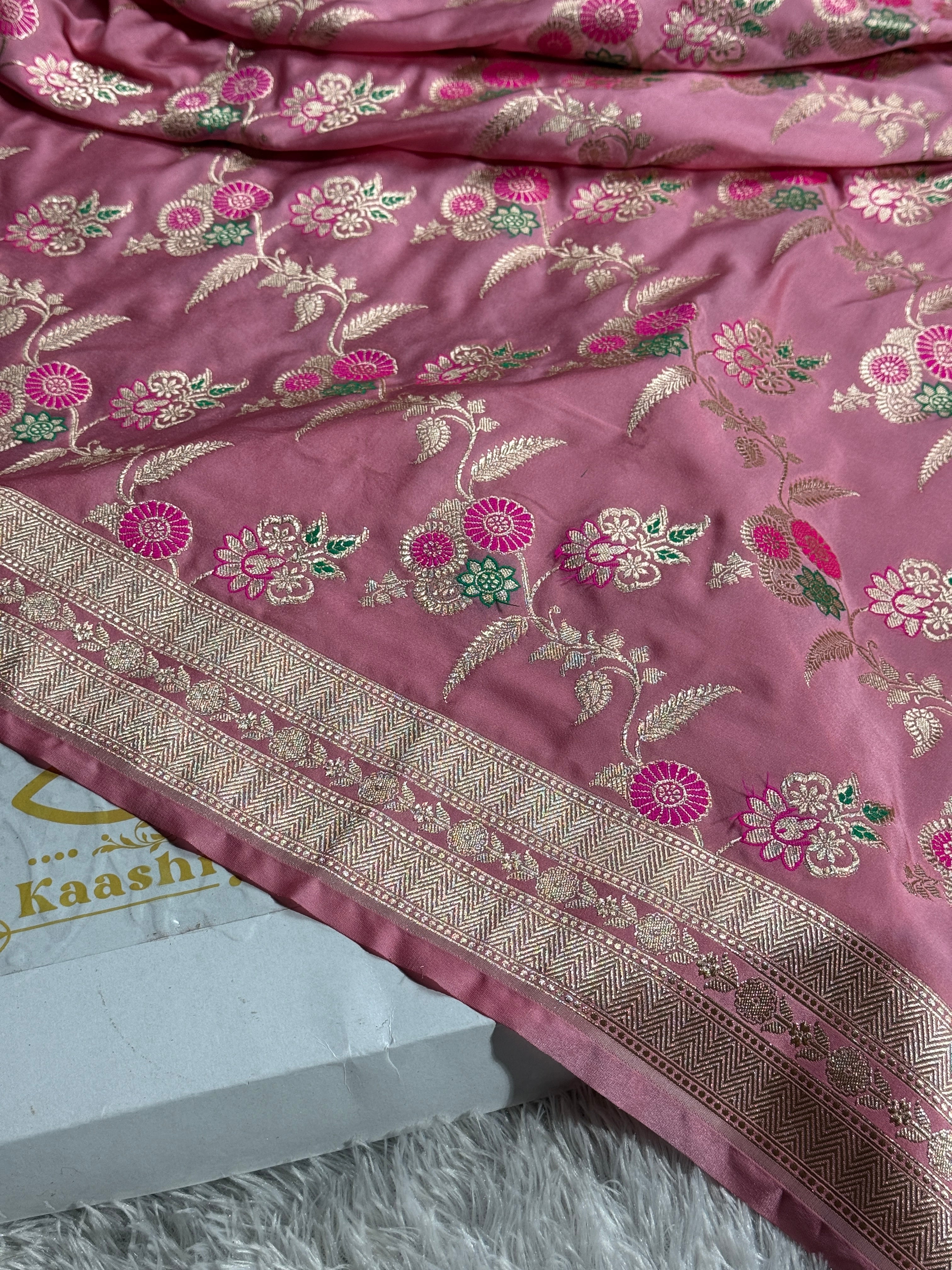 Pink Premium Banarasi Mashru Silk Saree with Jaal Meena Woven Pattern MKS154