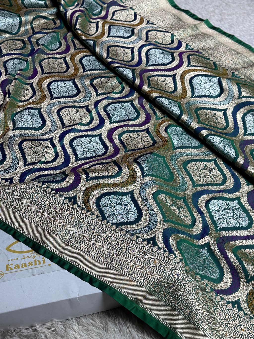 Peacock Green Banarasi Mashru Silk Saree with Meena Jaal Rangkaat Weaving MKS231