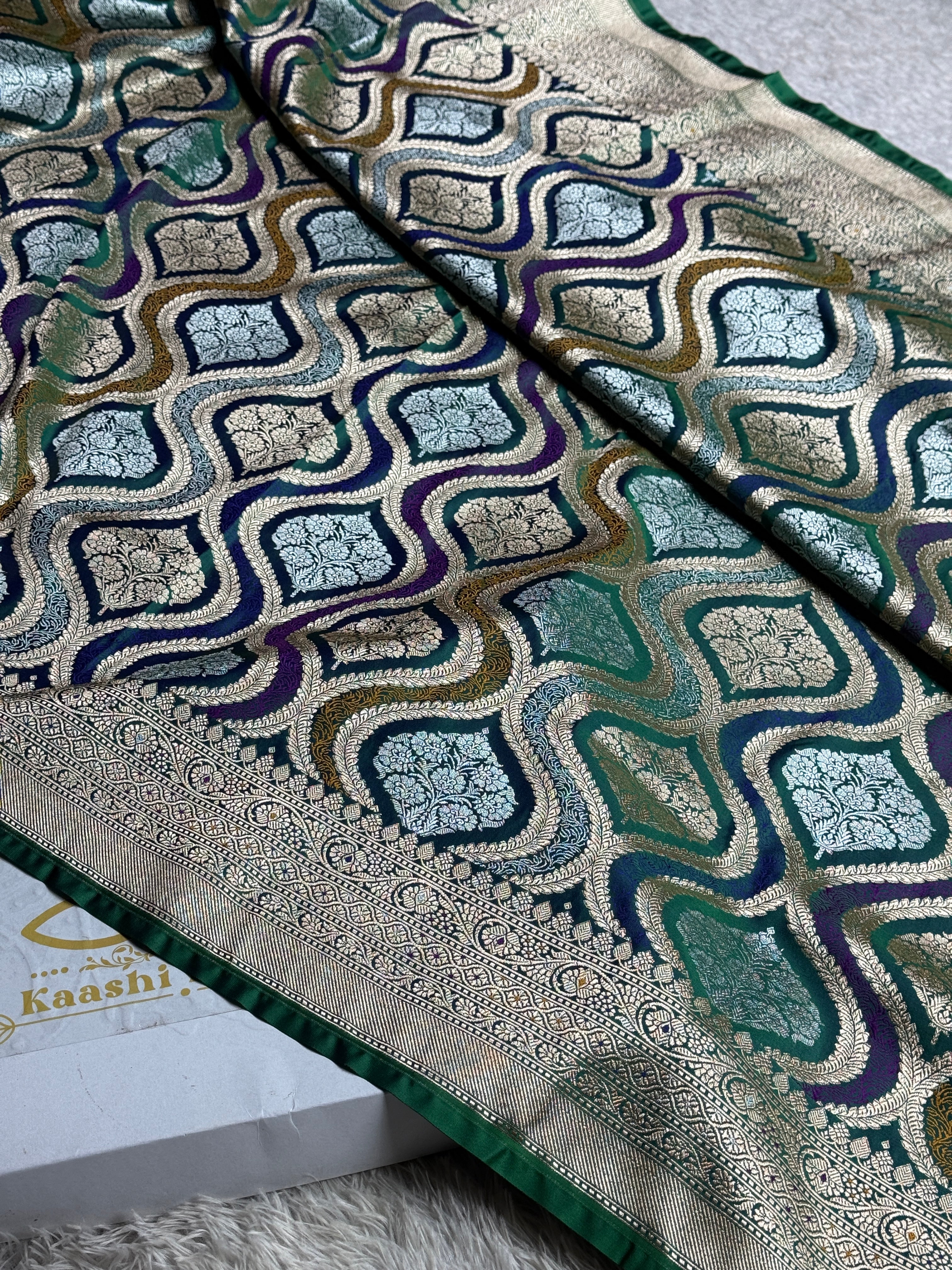 Peacock Green Banarasi Mashru Silk Saree with Meena Jaal Rangkaat Weaving MKS231