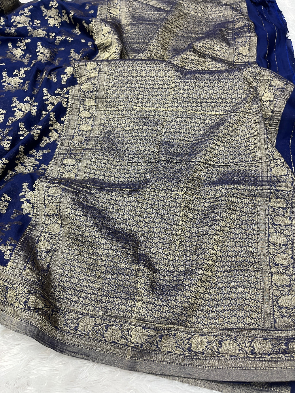 Chinon Silk Flower Design Navy Blue Color Saree CN04