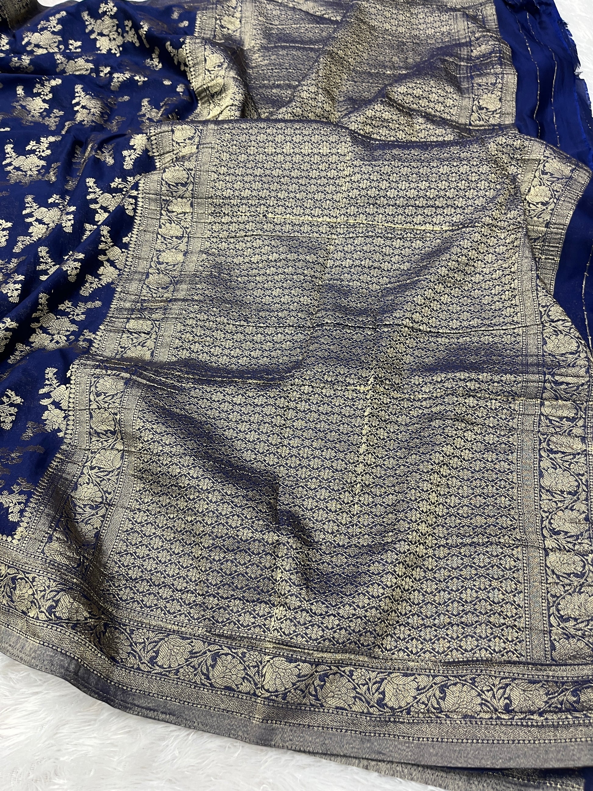 Chinon Silk Flower Design Navy Blue Color Saree CN04