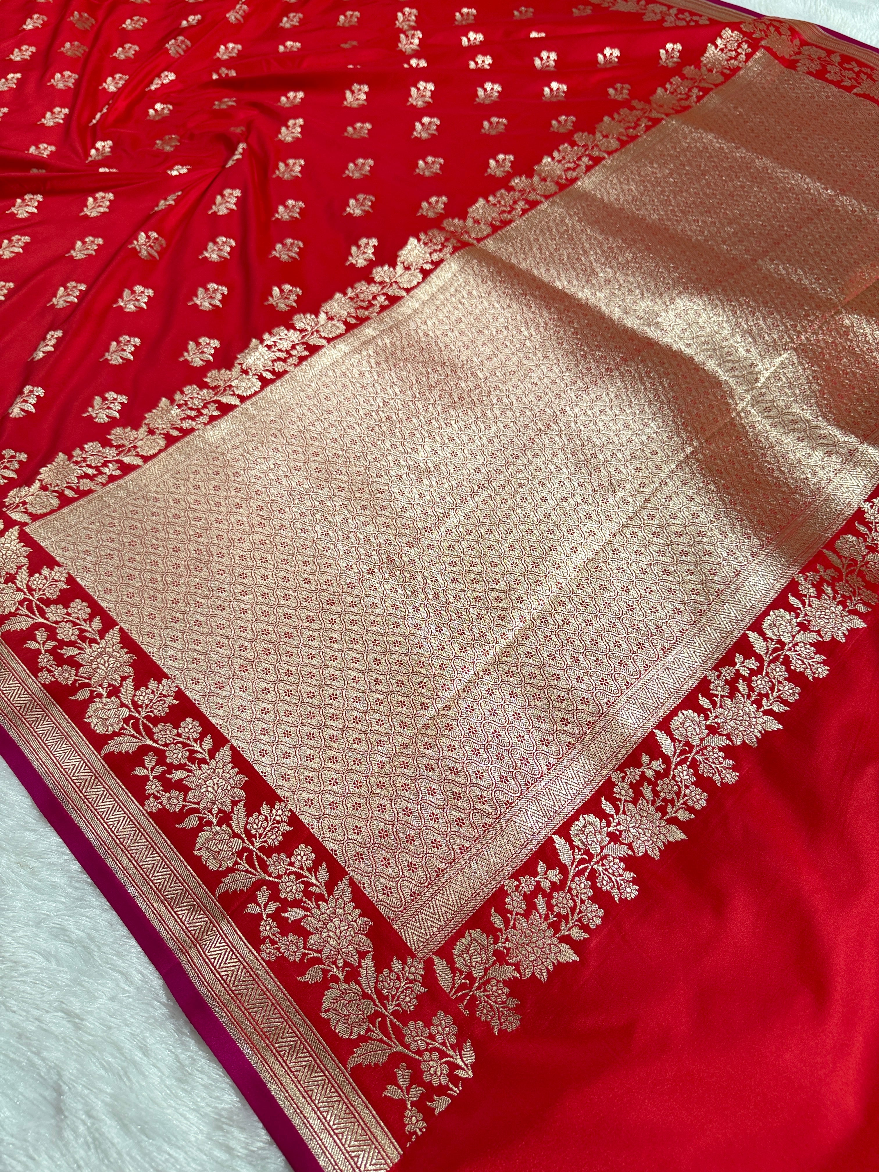 Red Banarasi Mashru Silk Saree with Leaf Buta Jacquard Woven Design MKS096