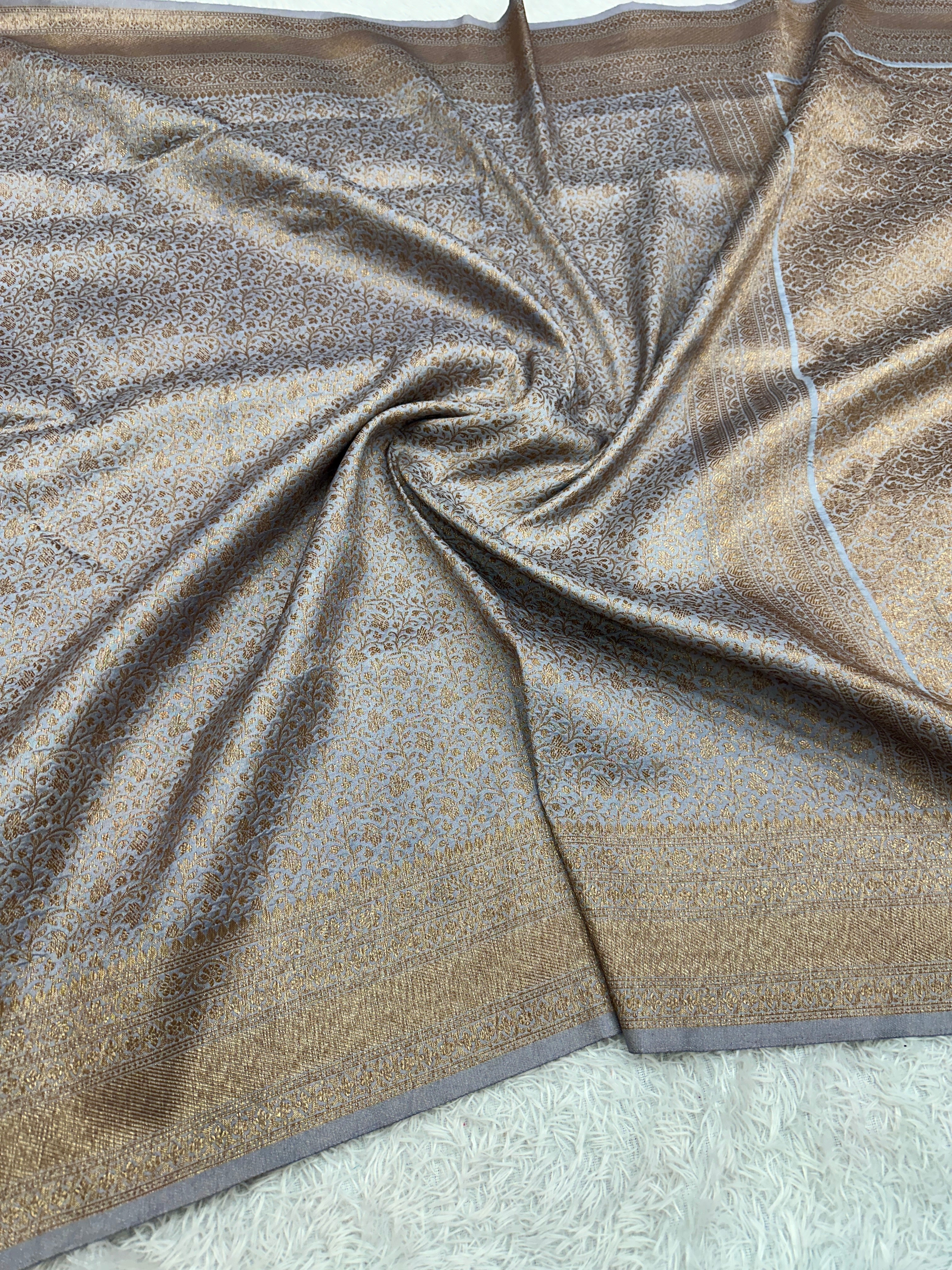 Grey Banarasi Dupion Silk Saree with Embossed Antique Zari Weaving & Rich Antique Zari Pallu | STF64