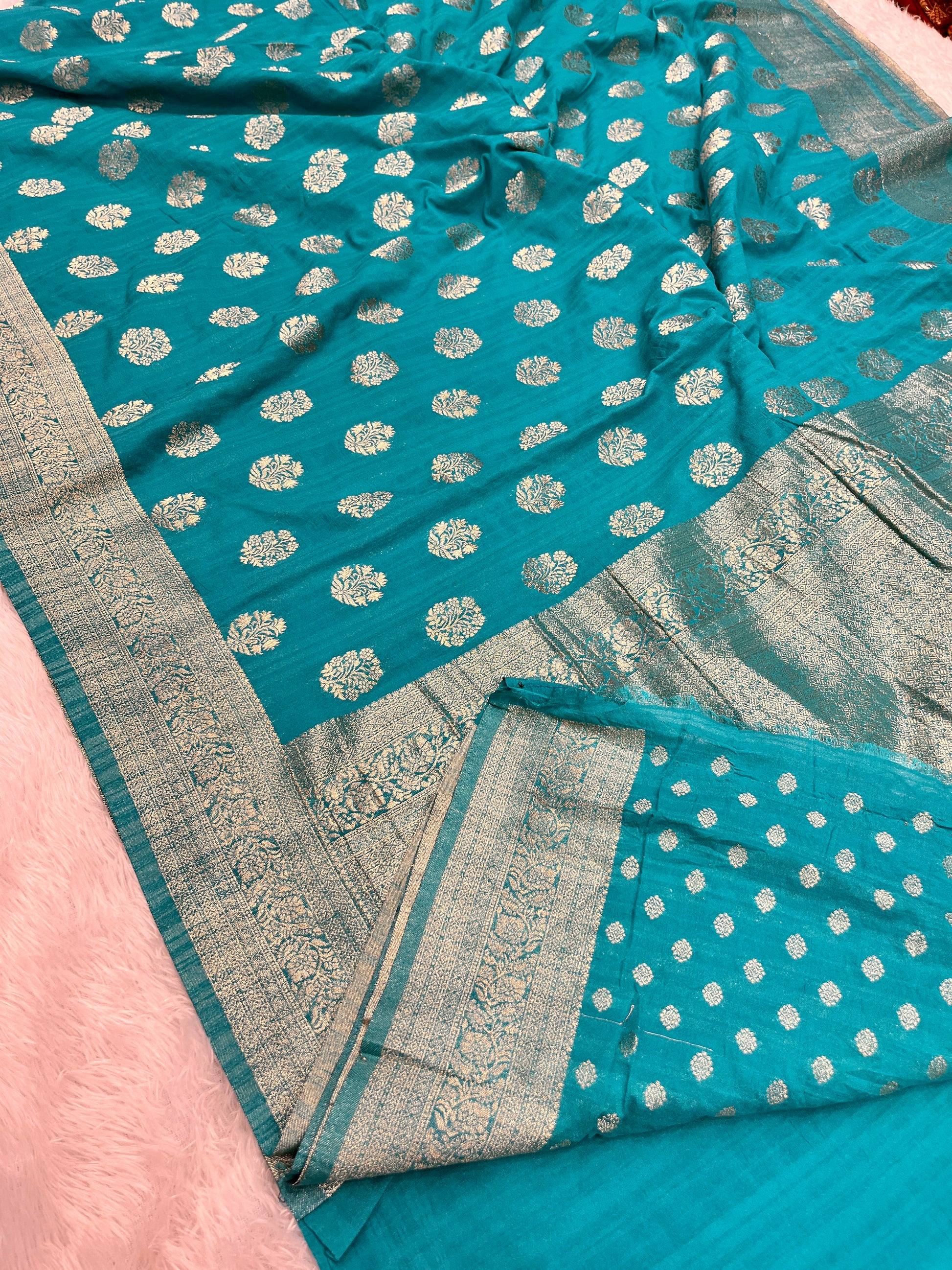 Raw Silk Zari Butaa  Sea blue color  Saree RS004
