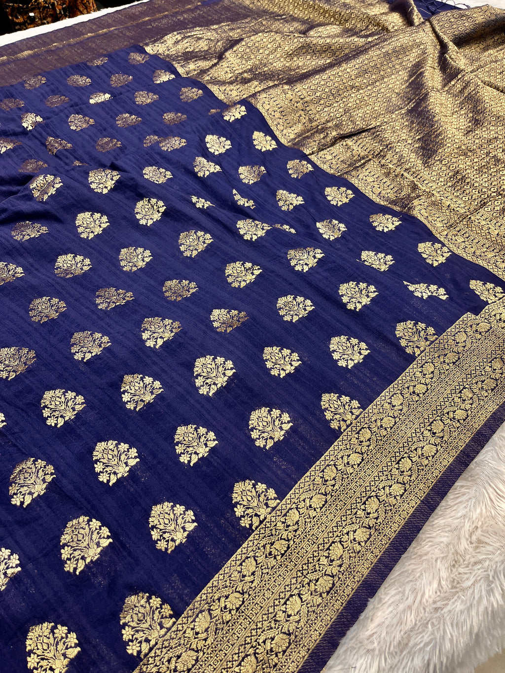 Raw Silk Zari Buta Navy blue  color Saree RS002