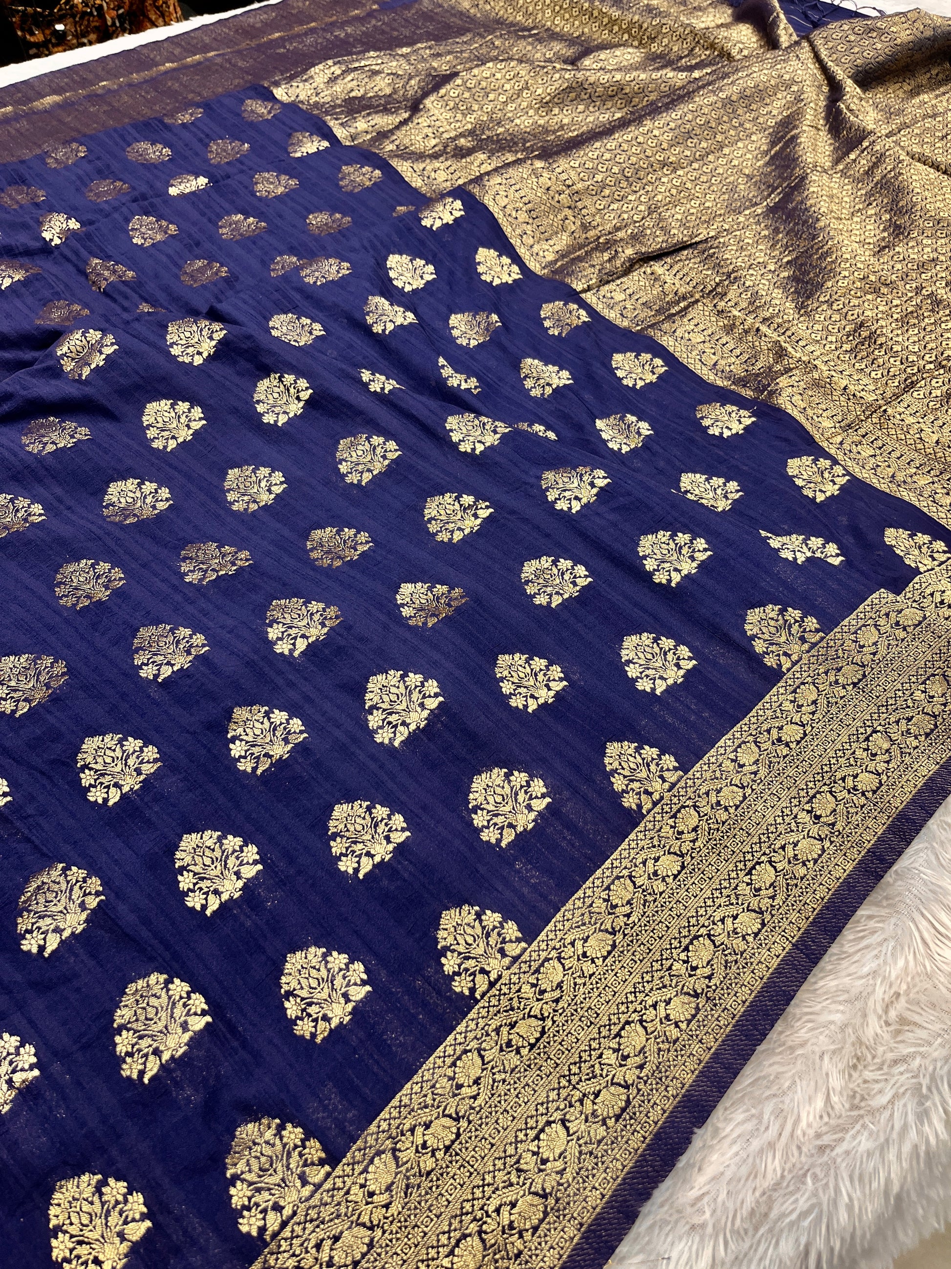 Raw Silk Zari Buta Navy blue  color Saree RS002