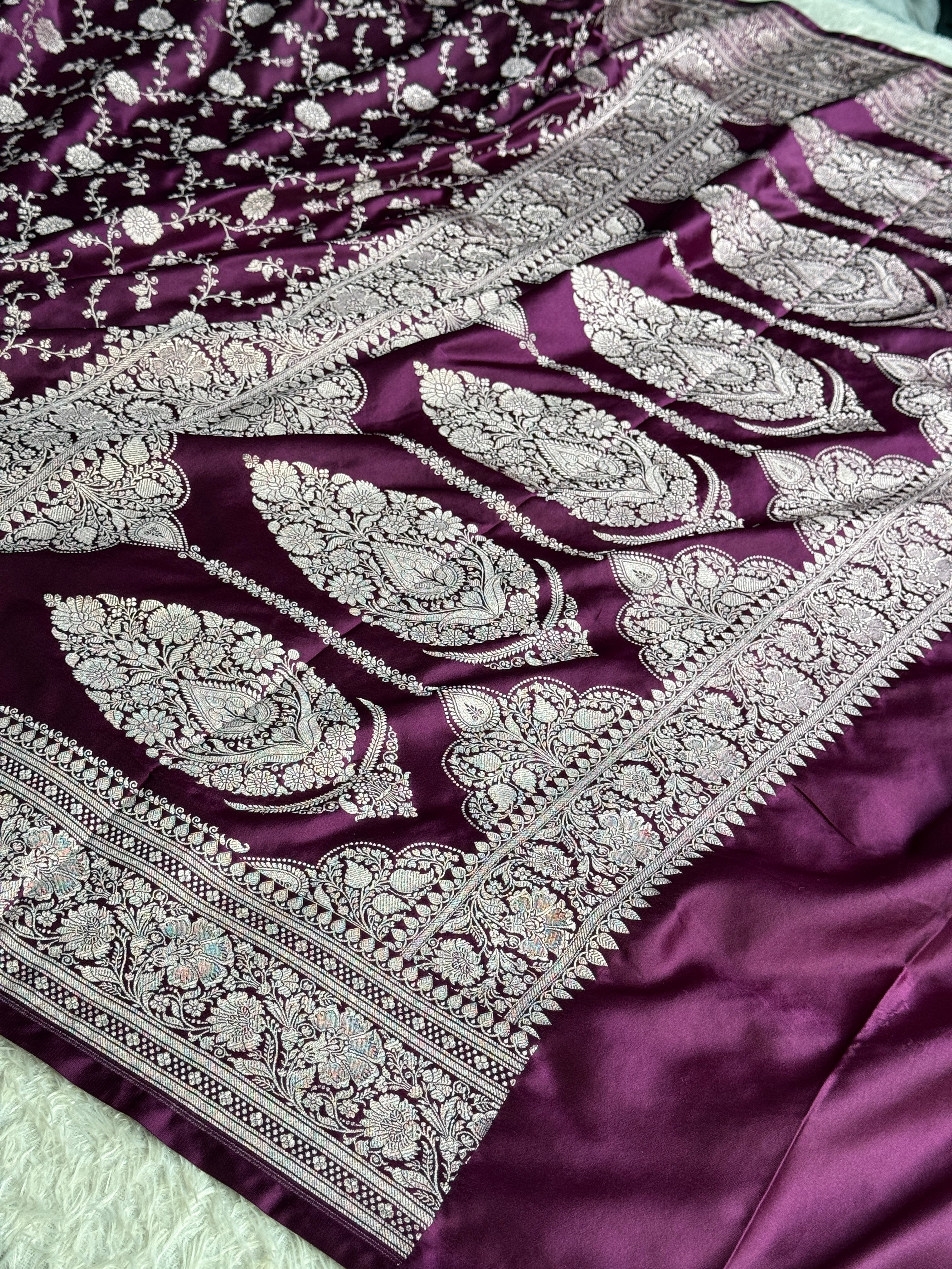 Banarasi Mashru Kataan Silk Saree in Magenta | Jaal Woven Design | MKS757