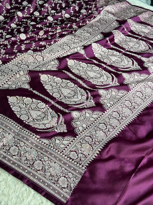 Banarasi Mashru Kataan Silk Saree in Magenta | Jaal Woven Design | MKS757