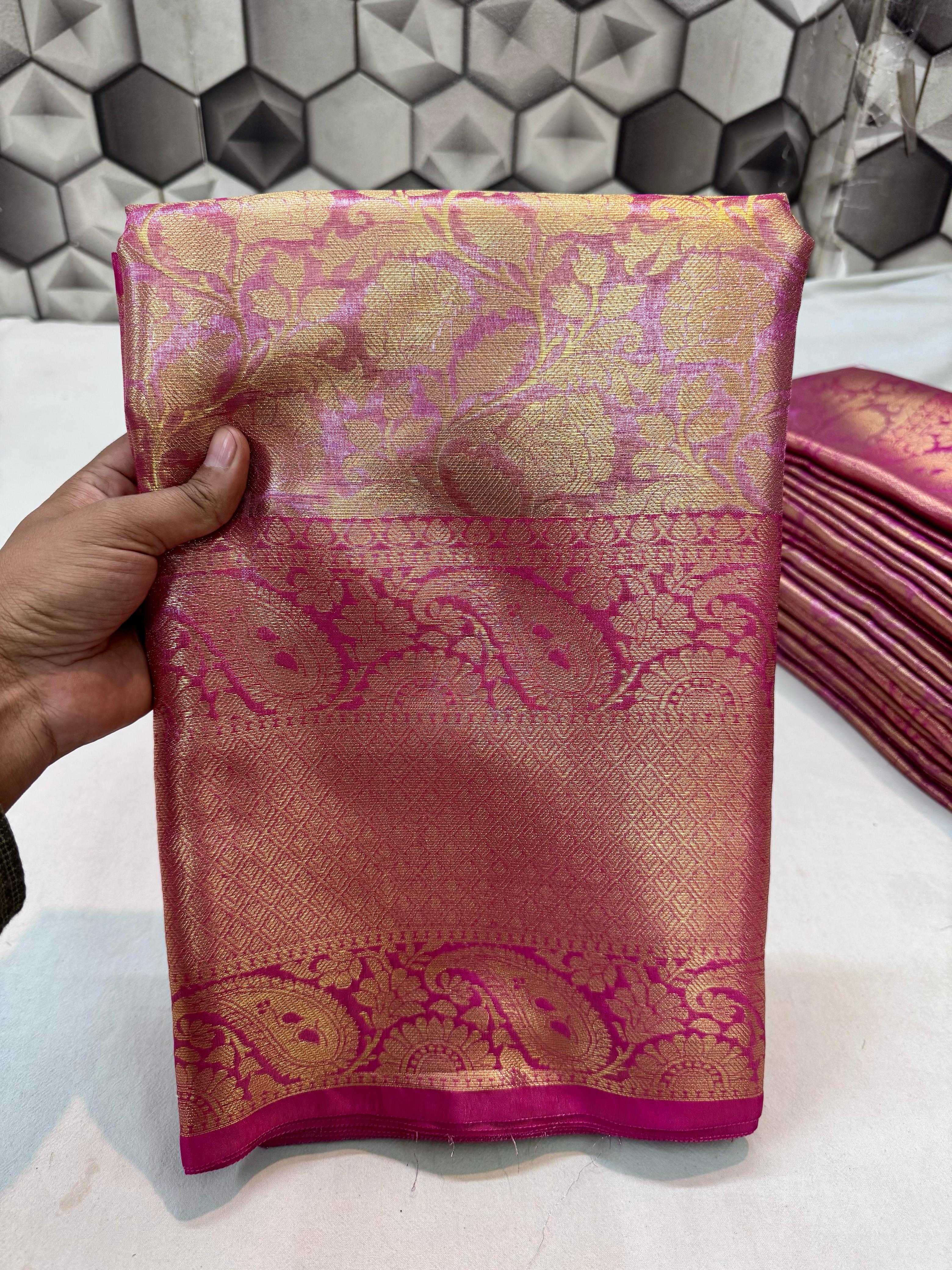 Dark Pink Tissue Ambossed Silk Saree TS118