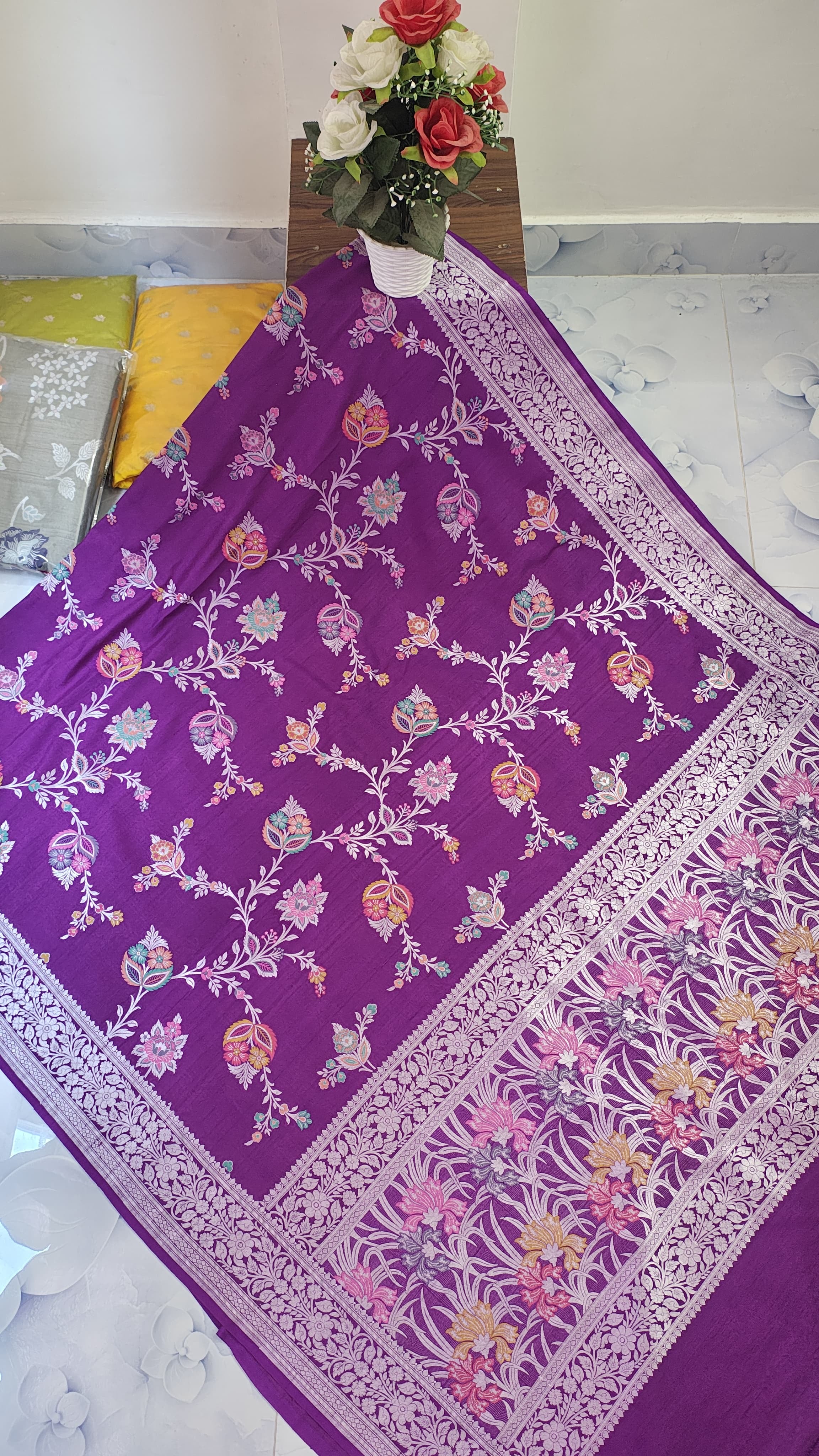 Pure Silk Tussar Banarasi Saree with All-over Meenakari Jaal Woven Pattern TSS12