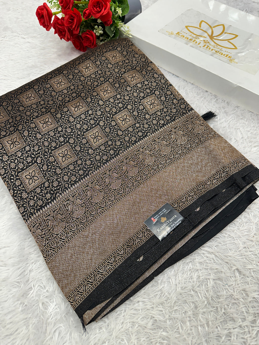 Black Banarasi Dupion Silk Saree with Embossed Antique Zari Weaving & Rich Antique Zari Pallu | STF101