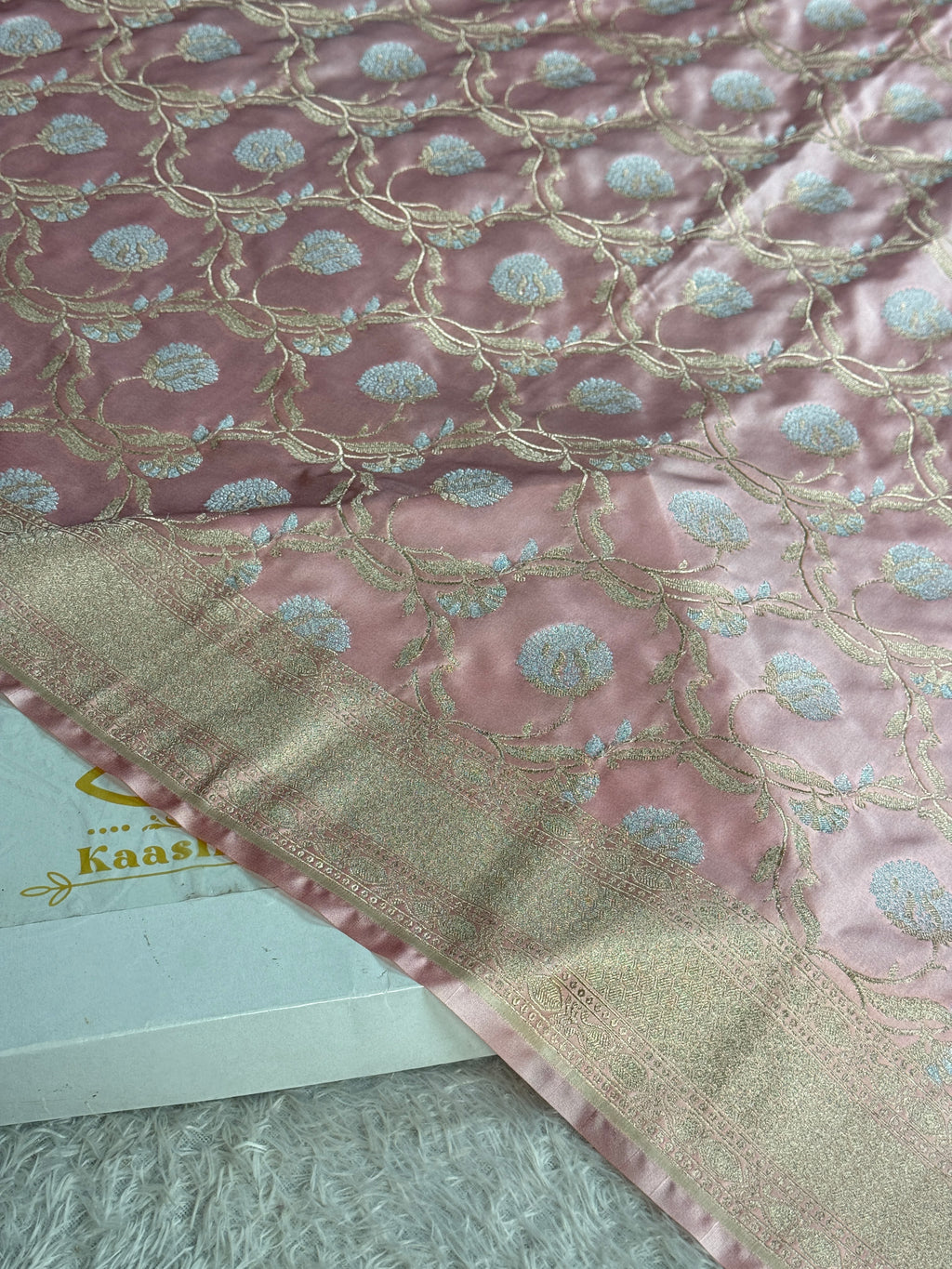 Peach Mashru Kataan Silk Jaal Woven Banarasi Saree with Silver Zari Meena Work – MKS731
