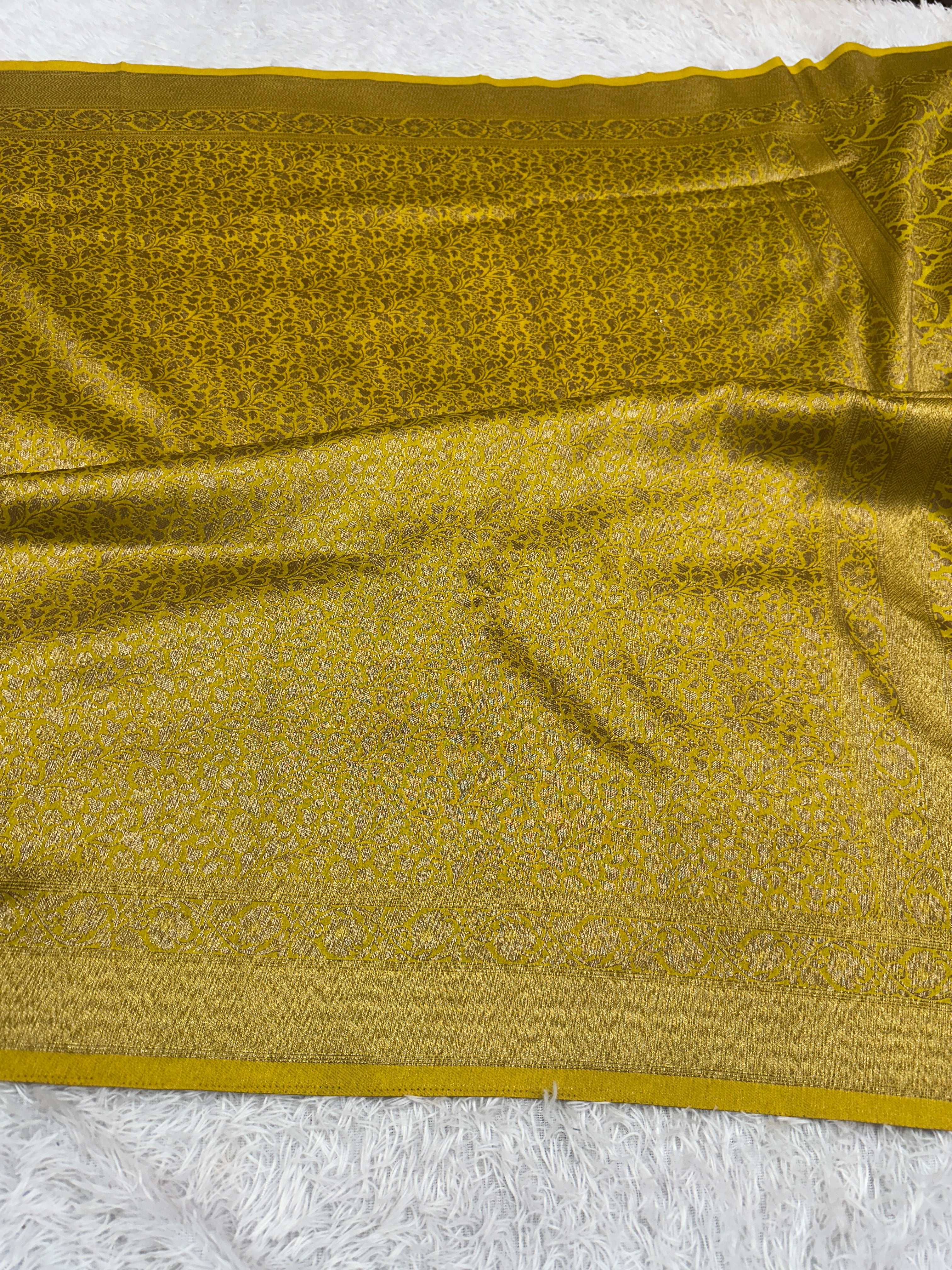 Lemon Yellow Banarasi Dupion Silk Saree with Embossed Antique Zari Weaving & Rich Antique Zari Pallu | STF82