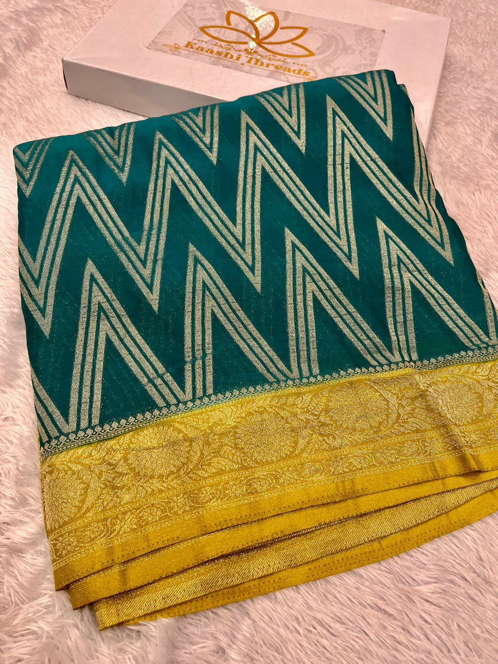 Chinon Silk Zig Zag Design Sea green with yellow Color Saree CN09