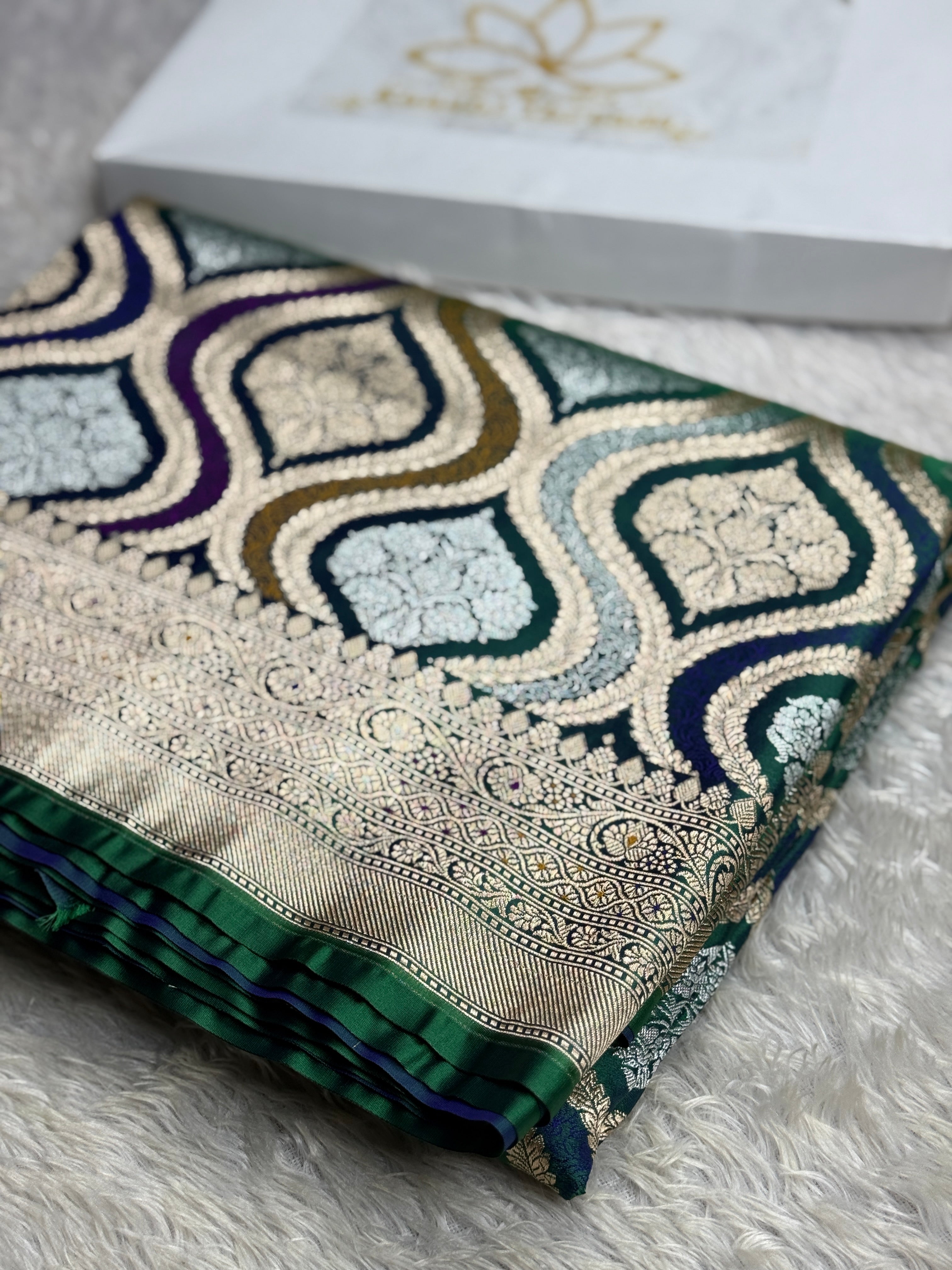 Peacock Green Banarasi Mashru Silk Saree with Meena Jaal Rangkaat Weaving MKS231