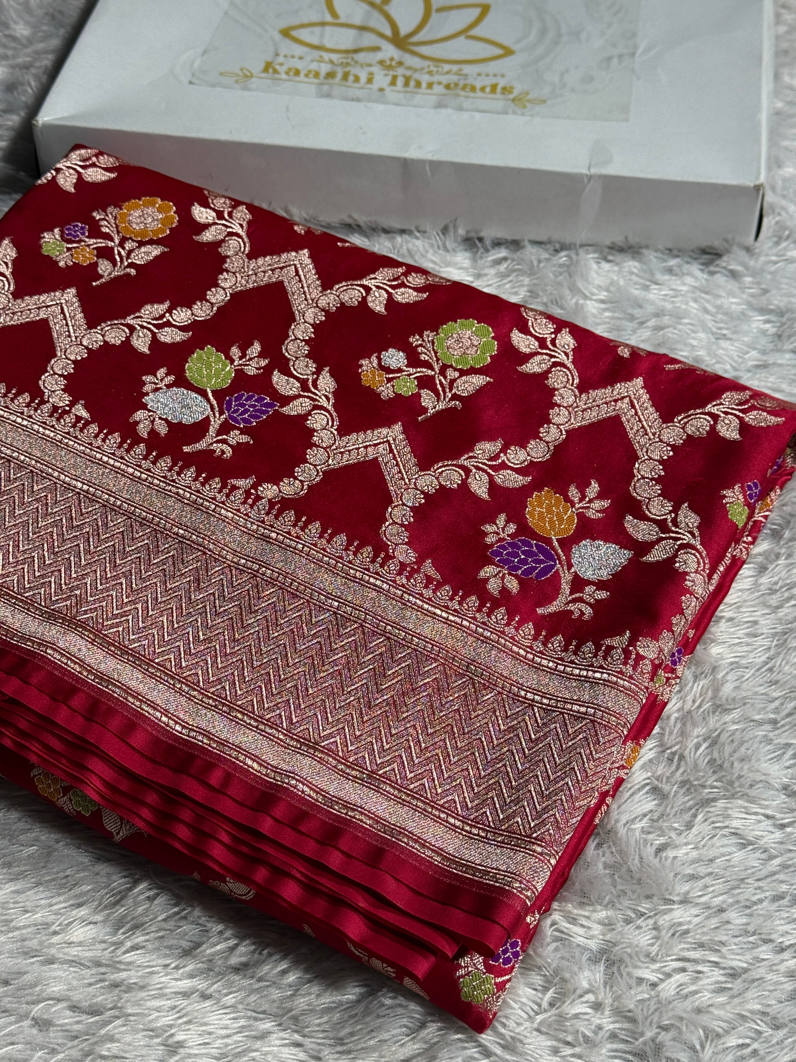 Cherish Red Mashru Kataan Silk Saree with Meenakari Jaal Woven Design & Rich Zari Pallu | MKS621