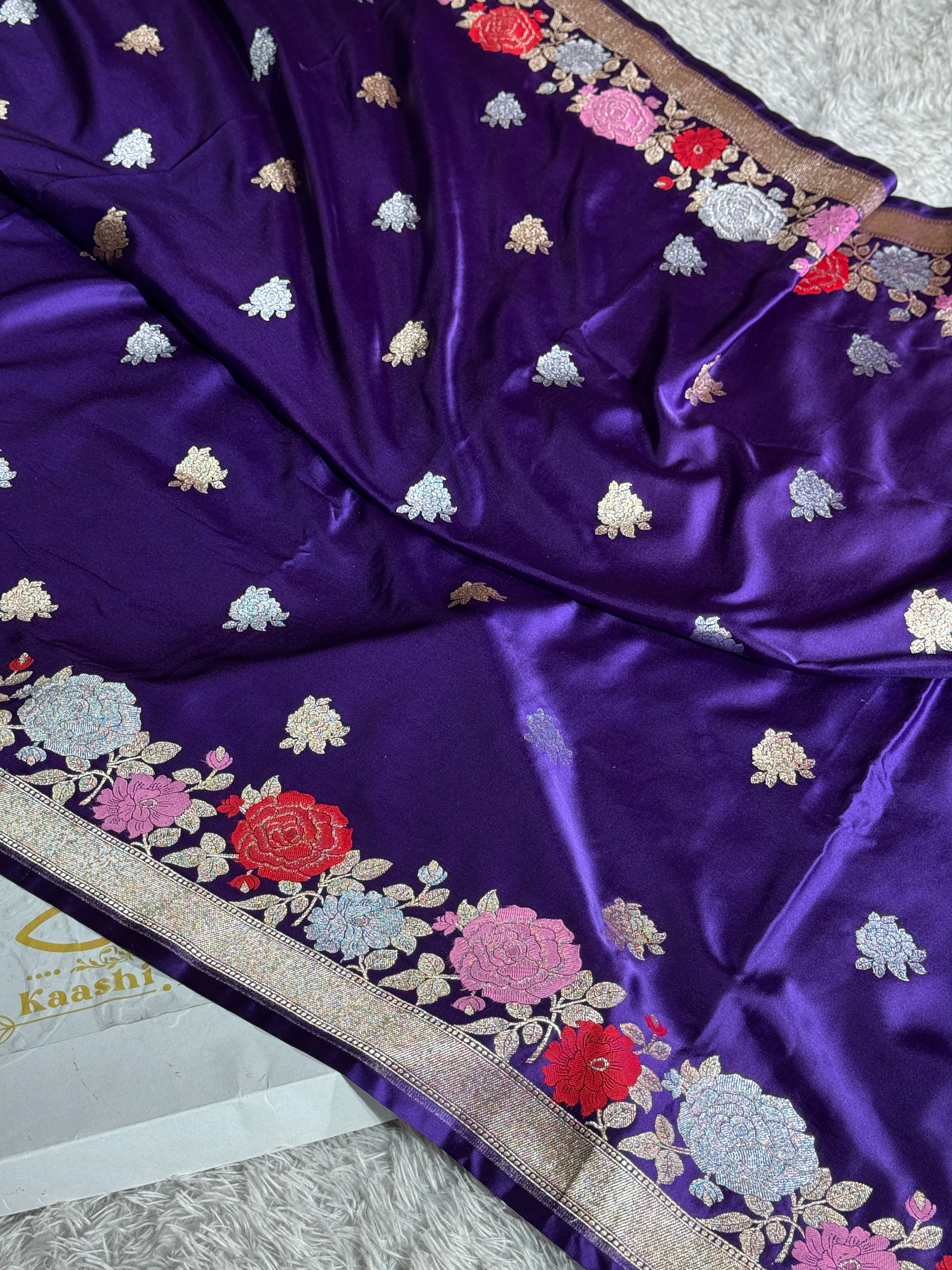 Purple Mashru Kataan Silk Saree with Zari Buta & Meenakari Border | Rich Zari Pallu | MKS507
