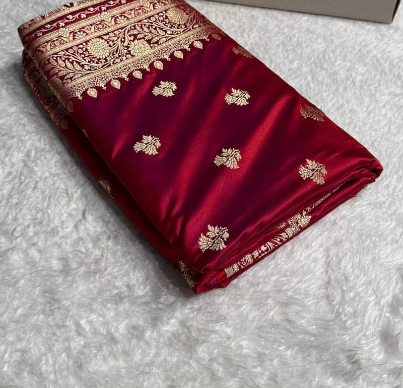 Banarasi Mashru Kataan Silk Saree Featuring Fancy Buta Pattern with Ikkat Border & Zari Pallu – MKS408
