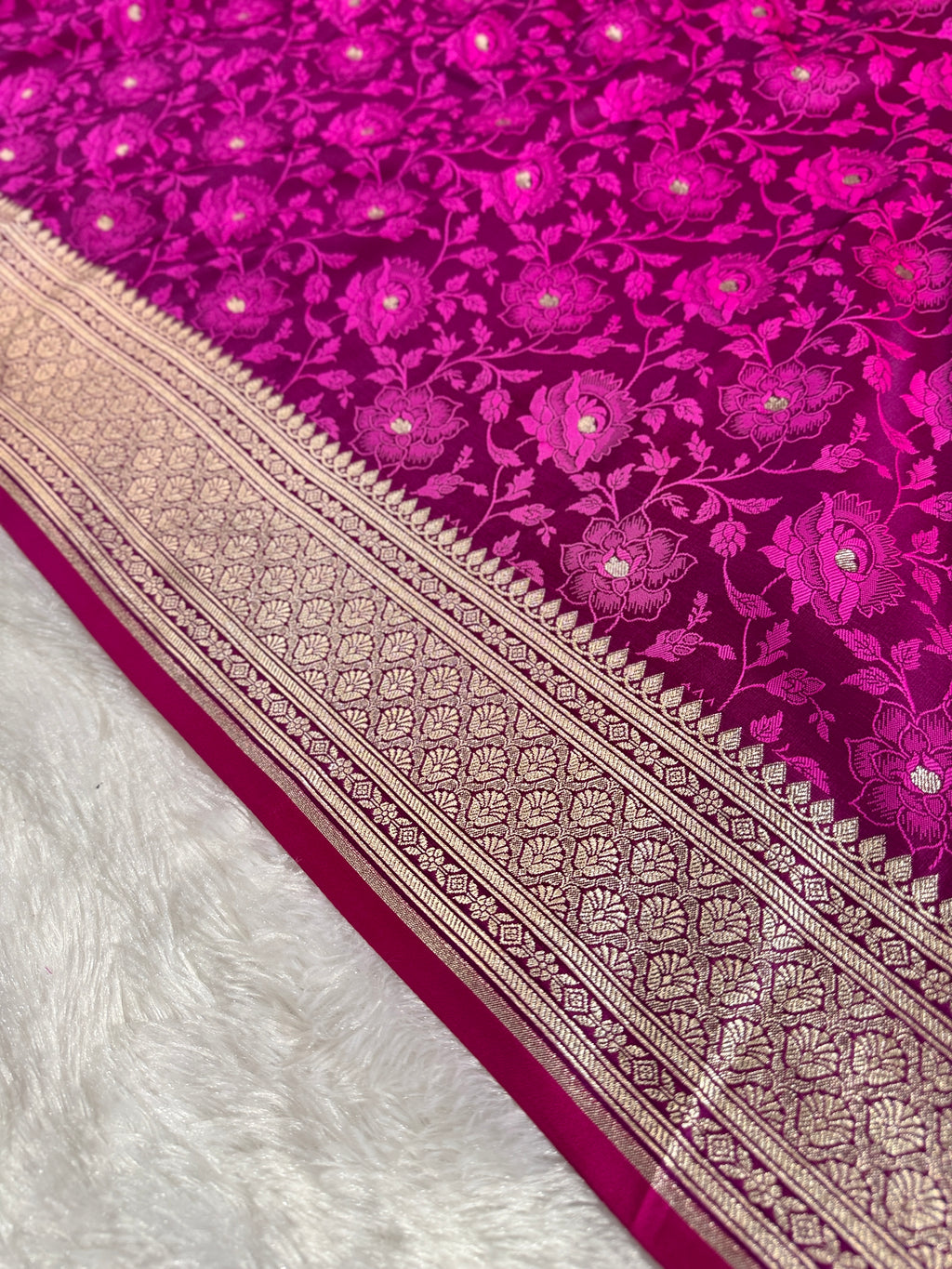 Rani Pink Banarasi Mashru Silk Saree with Dual Tone Tanchoi Jacquard Woven Design MKS095