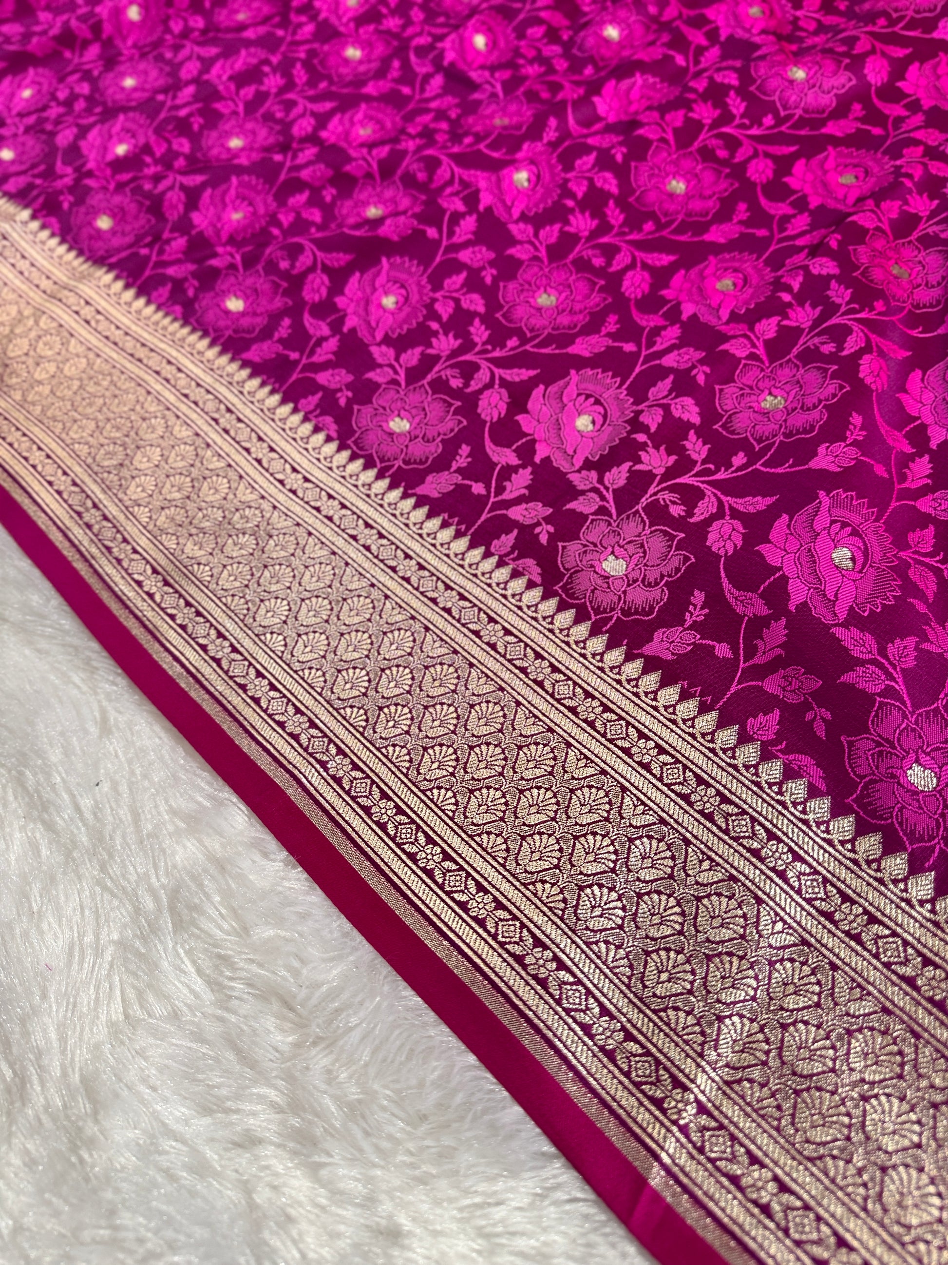 Rani Pink Banarasi Mashru Silk Saree with Dual Tone Tanchoi Jacquard Woven Design MKS095
