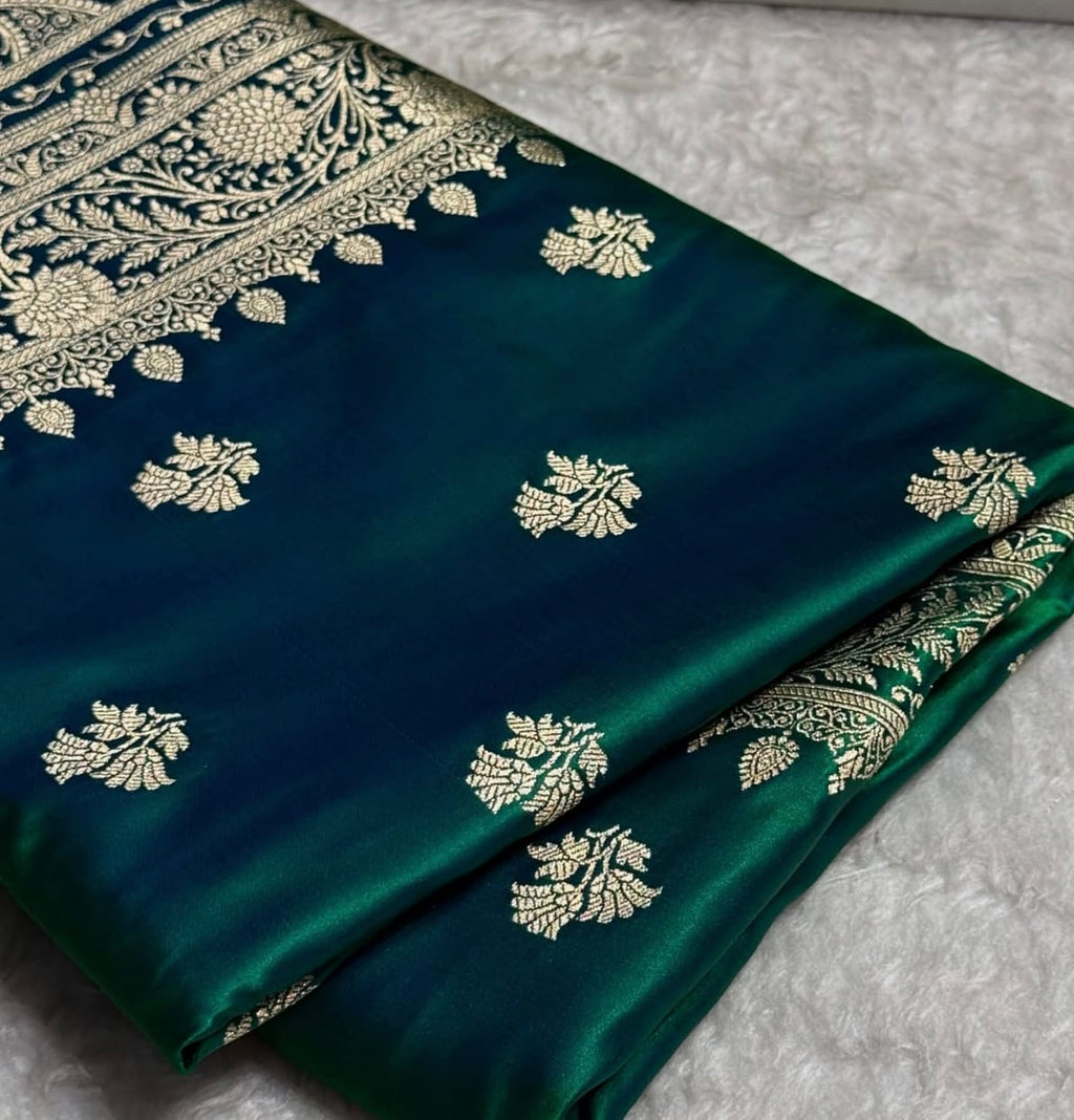 Banarasi Mashru Kataan Silk Saree Featuring Fancy Buta Pattern with Ikkat Border & Zari Pallu – MKS408