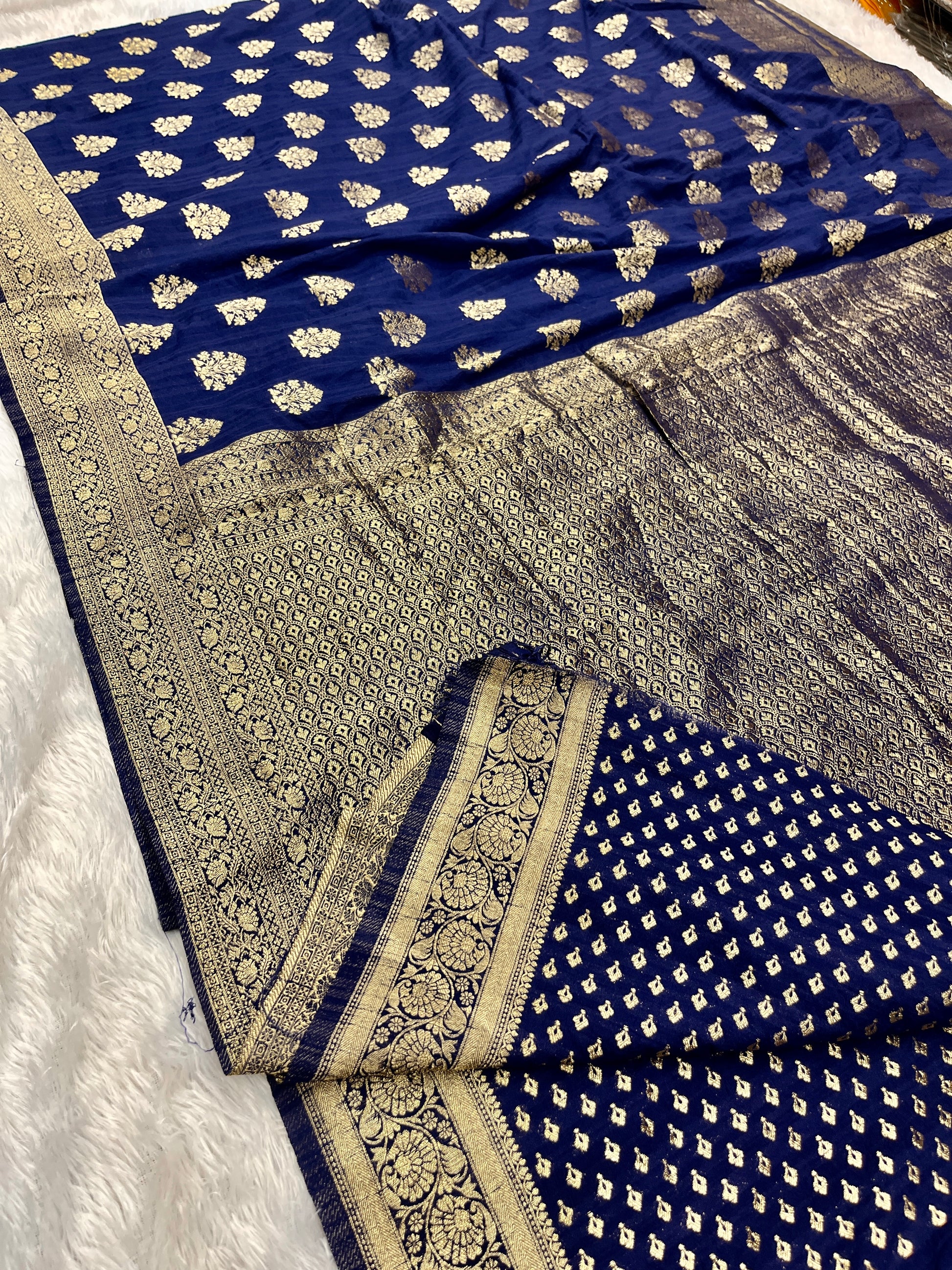 Raw Silk Zari Buta Navy blue  color Saree RS002