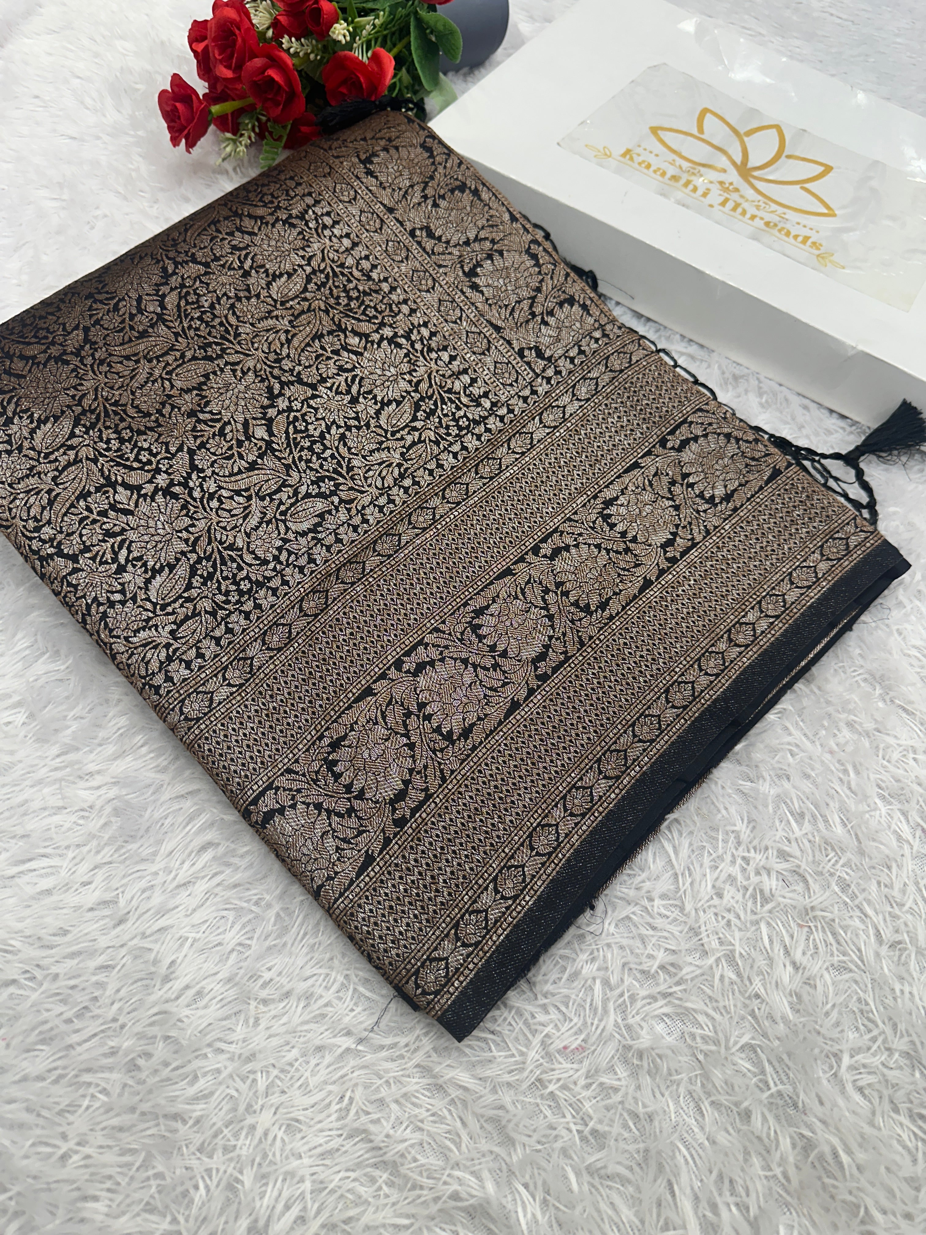 Black Maroon Banarasi Dupion Silk Saree with Embossed Antique Zari Weaving & Rich Antique Zari Pallu | STF104