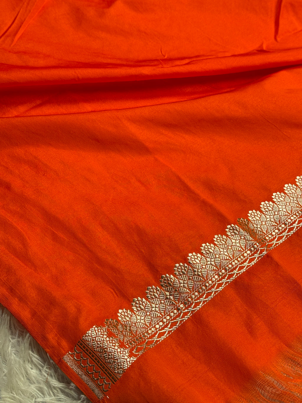 Orange Silver Meena Buta Banarasi Satin Mashru Silk Saree – Running Blouse | 780g MKS234