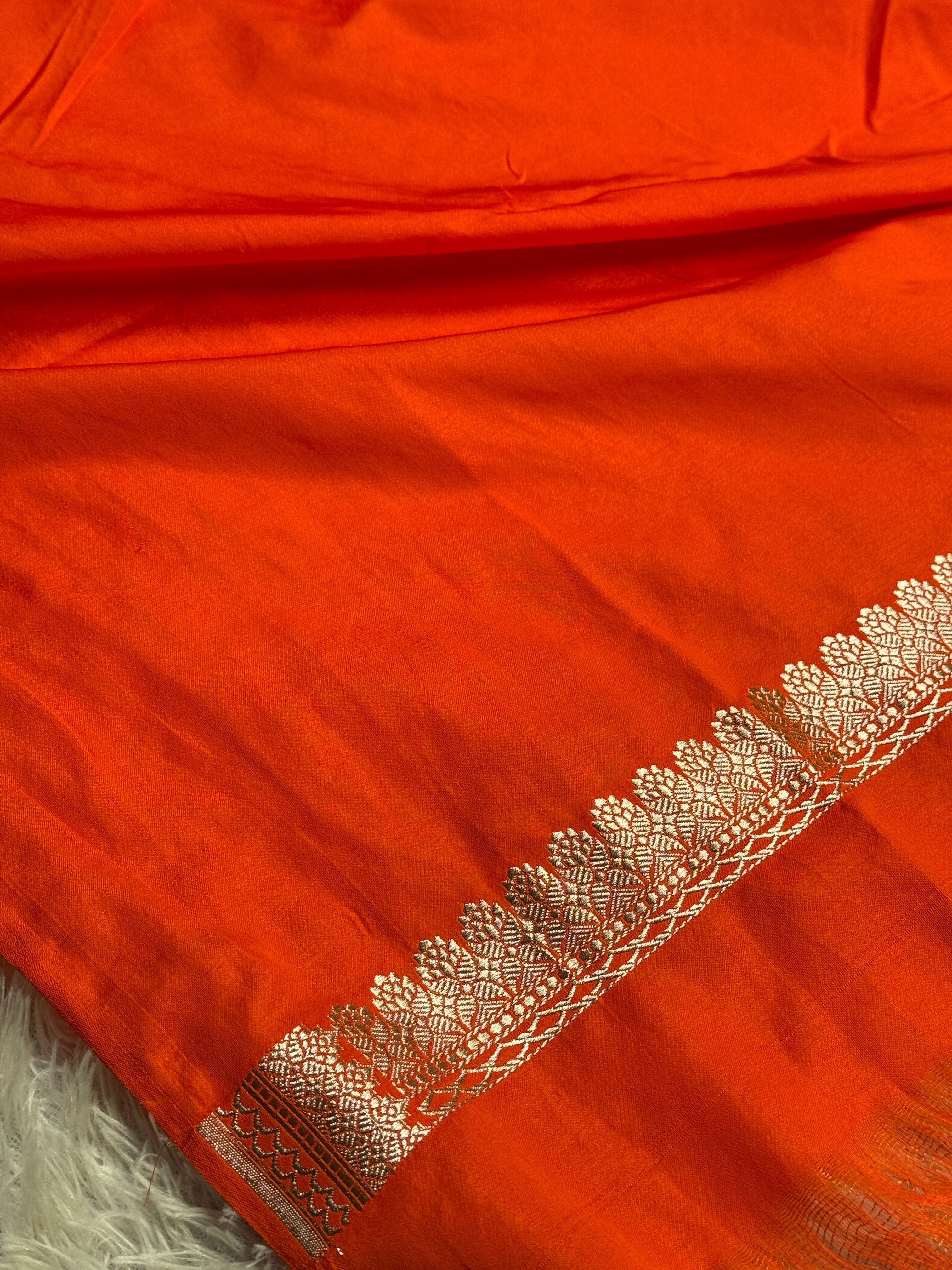 Orange Silver Meena Buta Banarasi Satin Mashru Silk Saree – Running Blouse | 780g MKS234