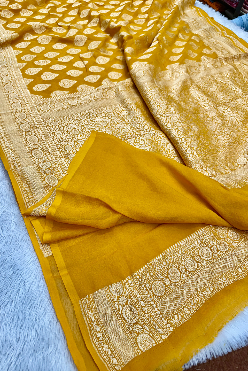 Yellow Pure Natural Silk Khaddi Georgette Saree with Buta Woven Design | PSG11
