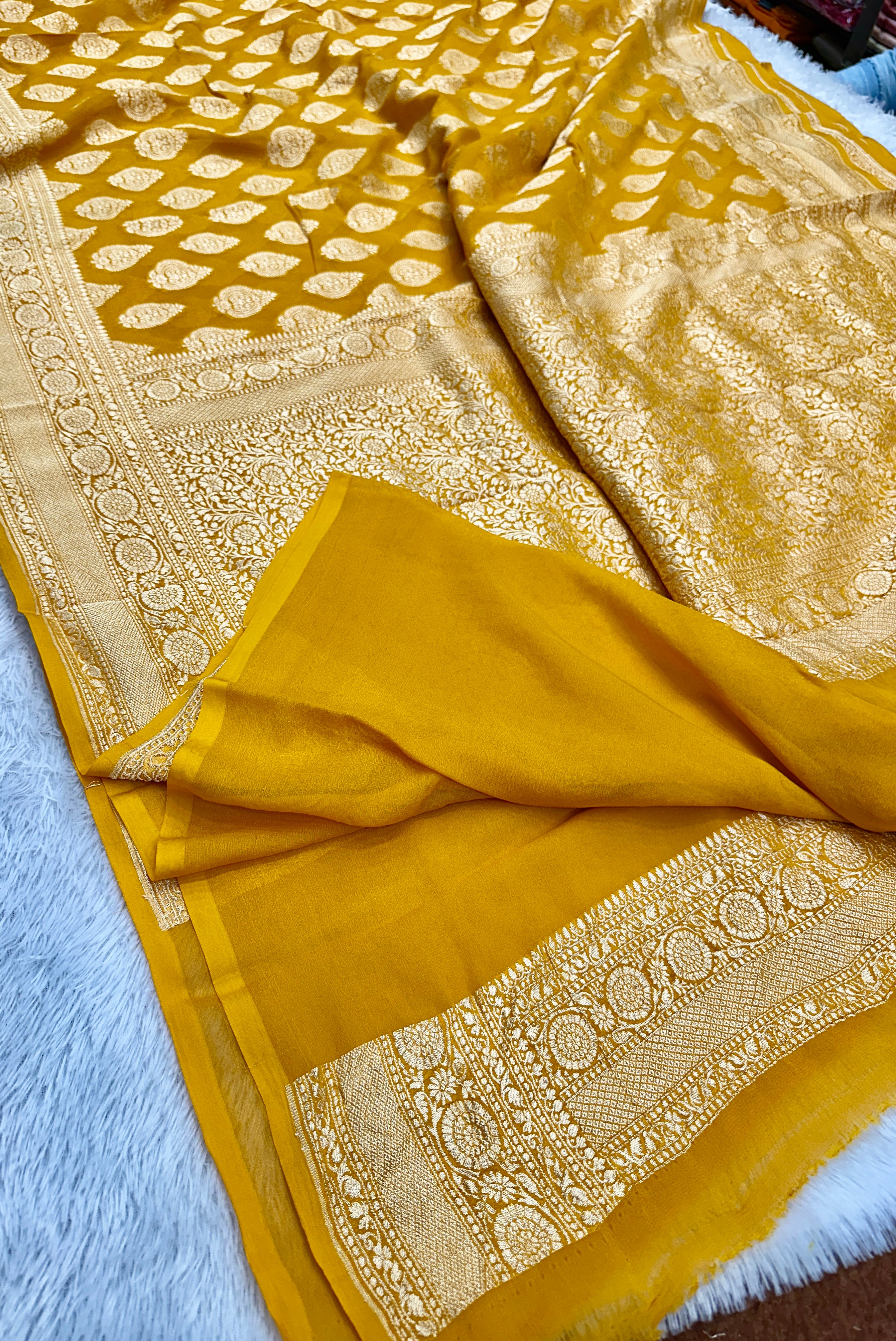 Yellow Pure Natural Silk Khaddi Georgette Saree with Buta Woven Design | PSG11