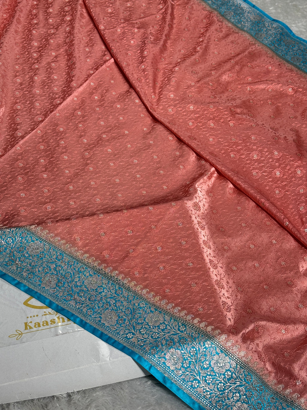 Contrast Pitch & Firozi Banarasi Satin Mashru Silk Saree with Zari Meena Tanchhoi Work MKS352