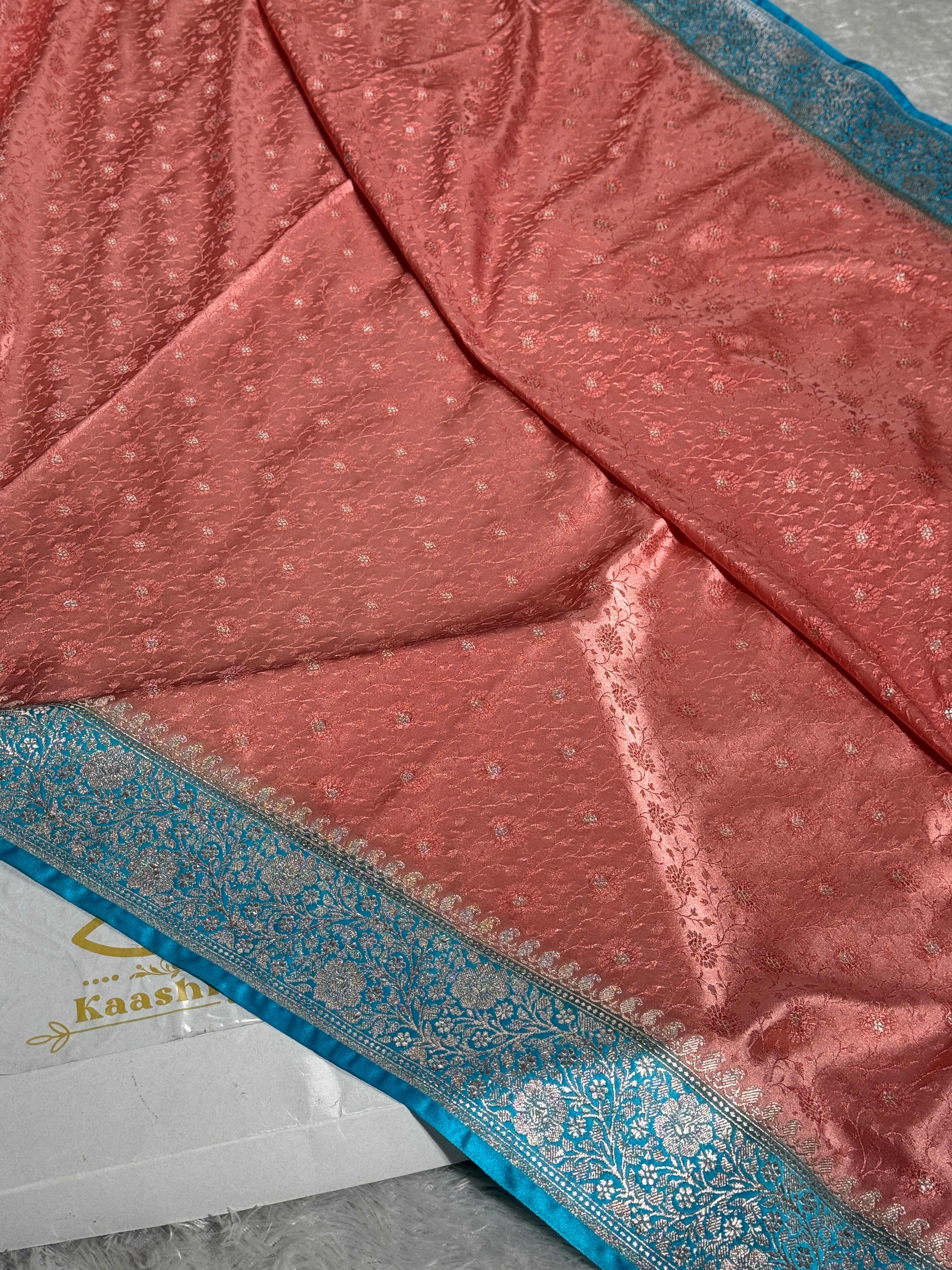 Contrast Pitch & Firozi Banarasi Satin Mashru Silk Saree with Zari Meena Tanchhoi Work MKS352