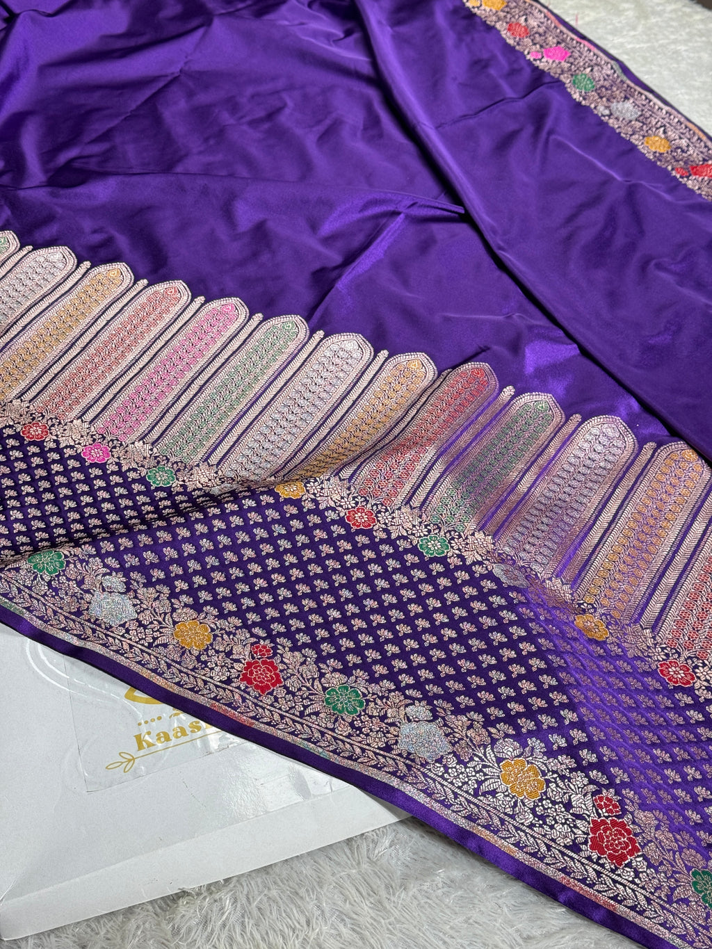 ✨ Royal Purple Meenakari Woven Banarasi Satin Mashru Silk Saree with Scalloped Border MKS212