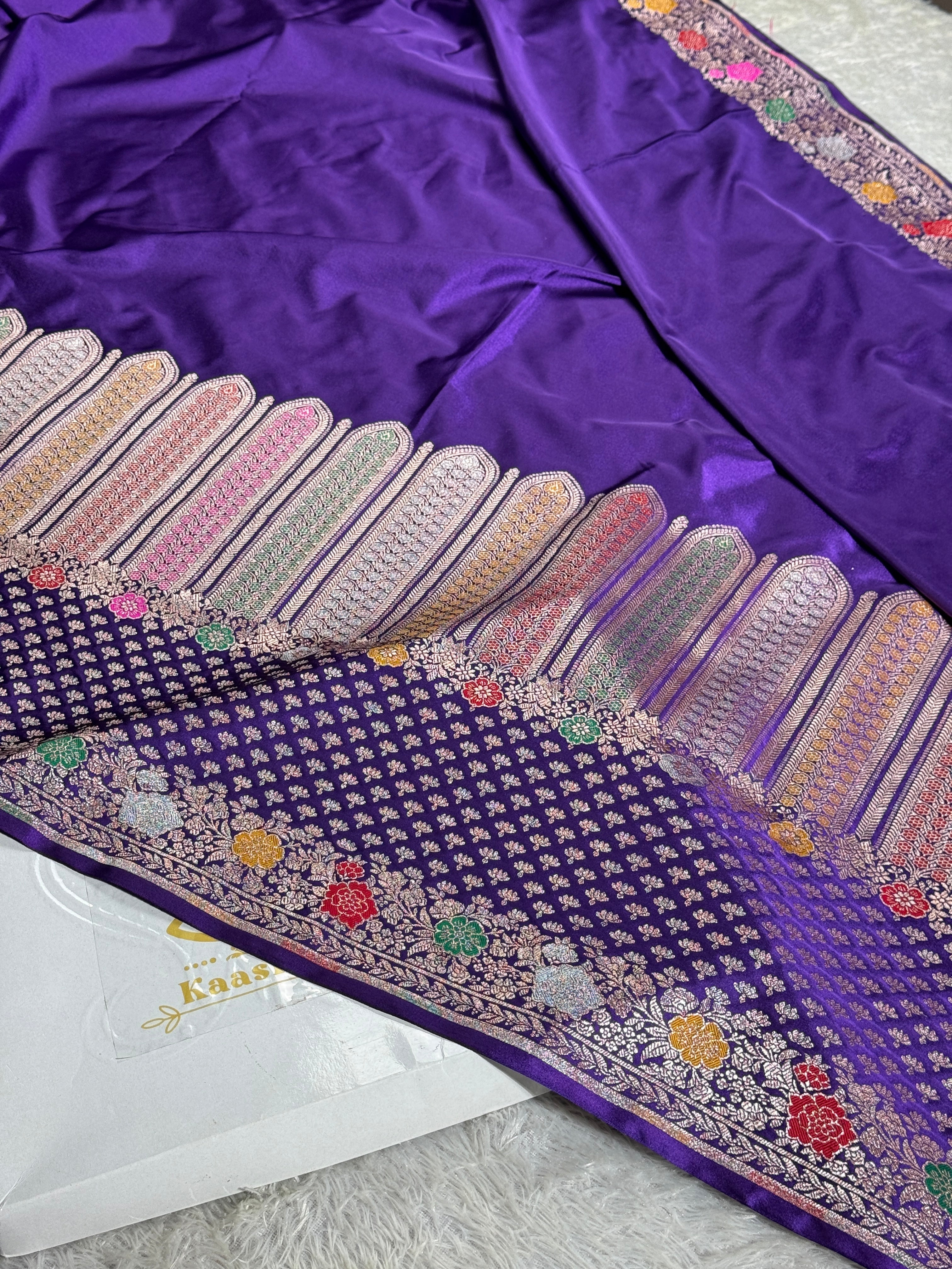 ✨ Royal Purple Meenakari Woven Banarasi Satin Mashru Silk Saree with Scalloped Border MKS212