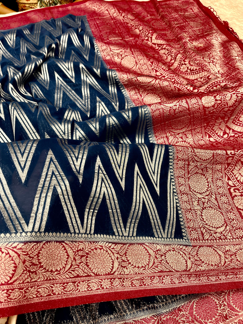 Chinon Silk Zig Zag Design Navy with Red Color Saree CN09