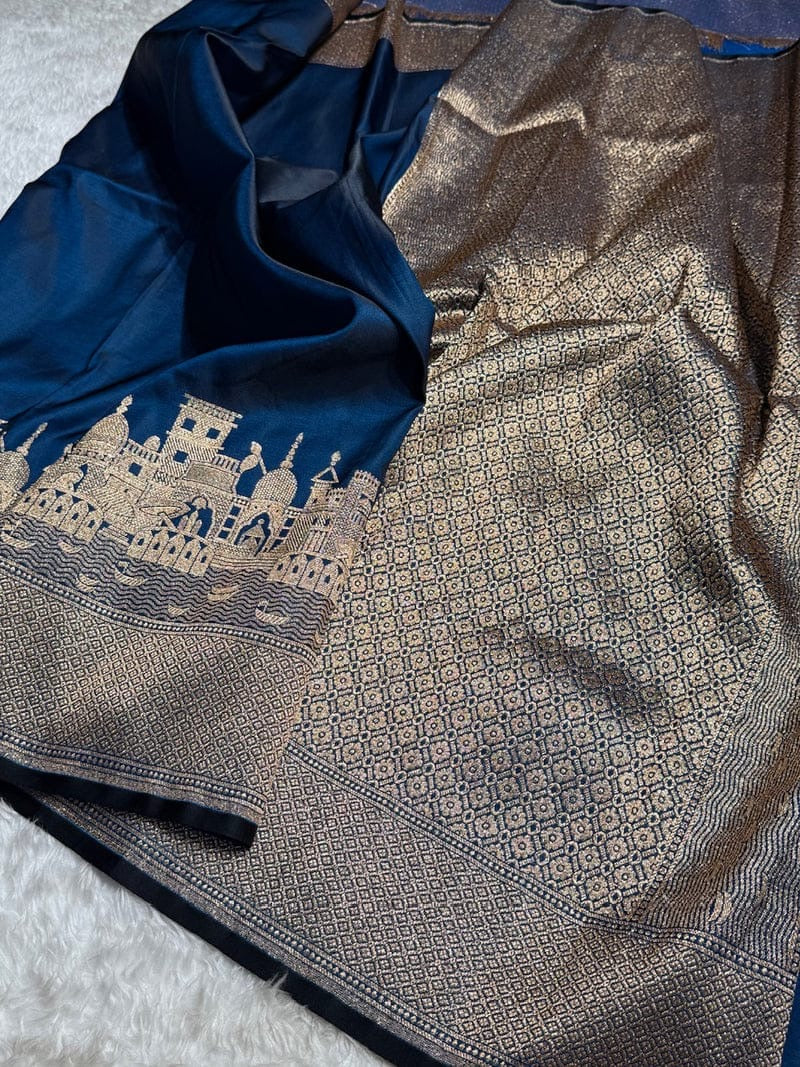 Mashru Kataan Silk Saree with Ghats Woven Design, Ikkat Border & Rich Zari Pallu – MKS406