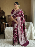 Wine Banarasi Mashru Silk Saree with All-Over Jaal Weaving & Scalloped Border – MKS216