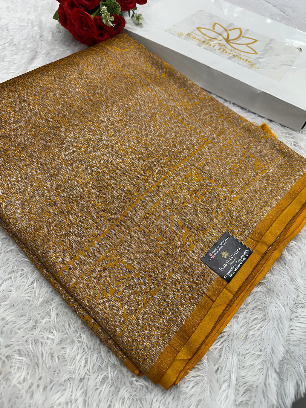 Mustard yellow Banarasi Dupion Silk Saree with Embossed Antique Zari Weaving & Rich Antique Zari Pallu | STF113