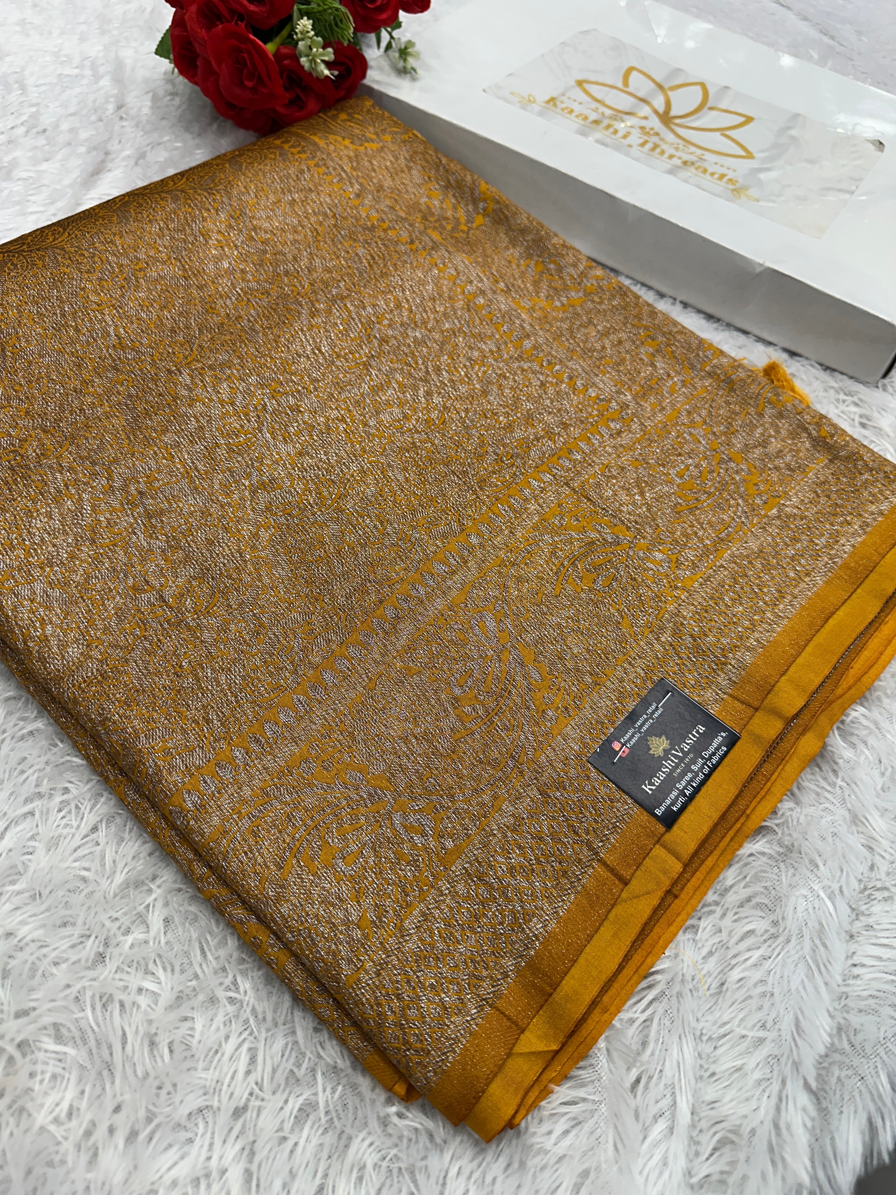 Mustard yellow Banarasi Dupion Silk Saree with Embossed Antique Zari Weaving & Rich Antique Zari Pallu | STF113