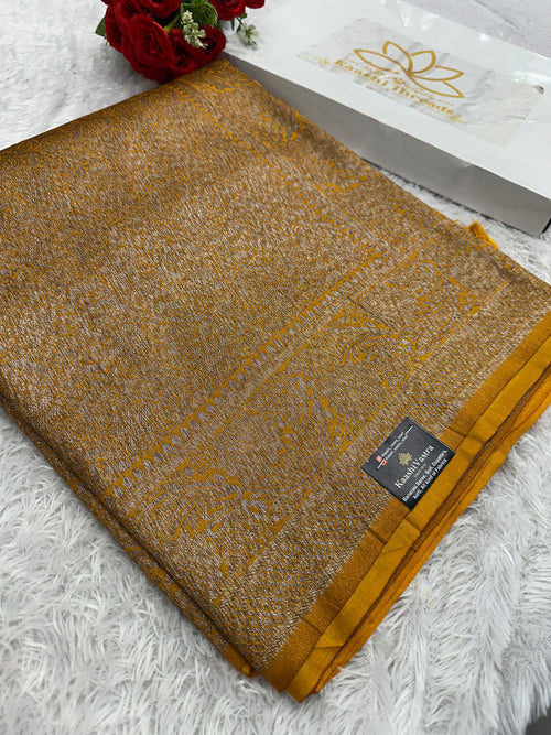 Mustard yellow Banarasi Dupion Silk Saree with Embossed Antique Zari Weaving & Rich Antique Zari Pallu | STF113