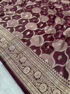 Wine & Strawberry Rangkaat Banarasi Mashru Silk Saree with Jacquard Woven Jaal Pattern MKS033