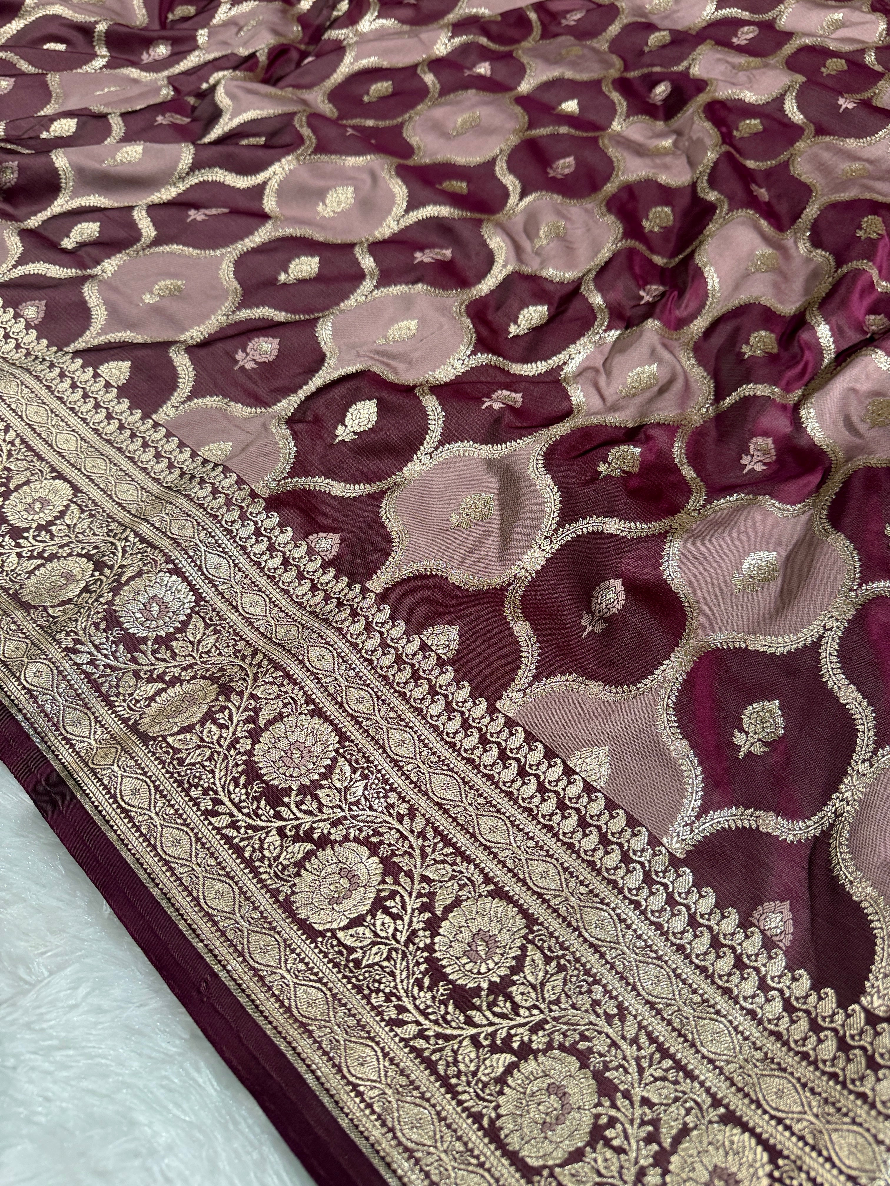 Wine & Strawberry Rangkaat Banarasi Mashru Silk Saree with Jacquard Woven Jaal Pattern MKS033