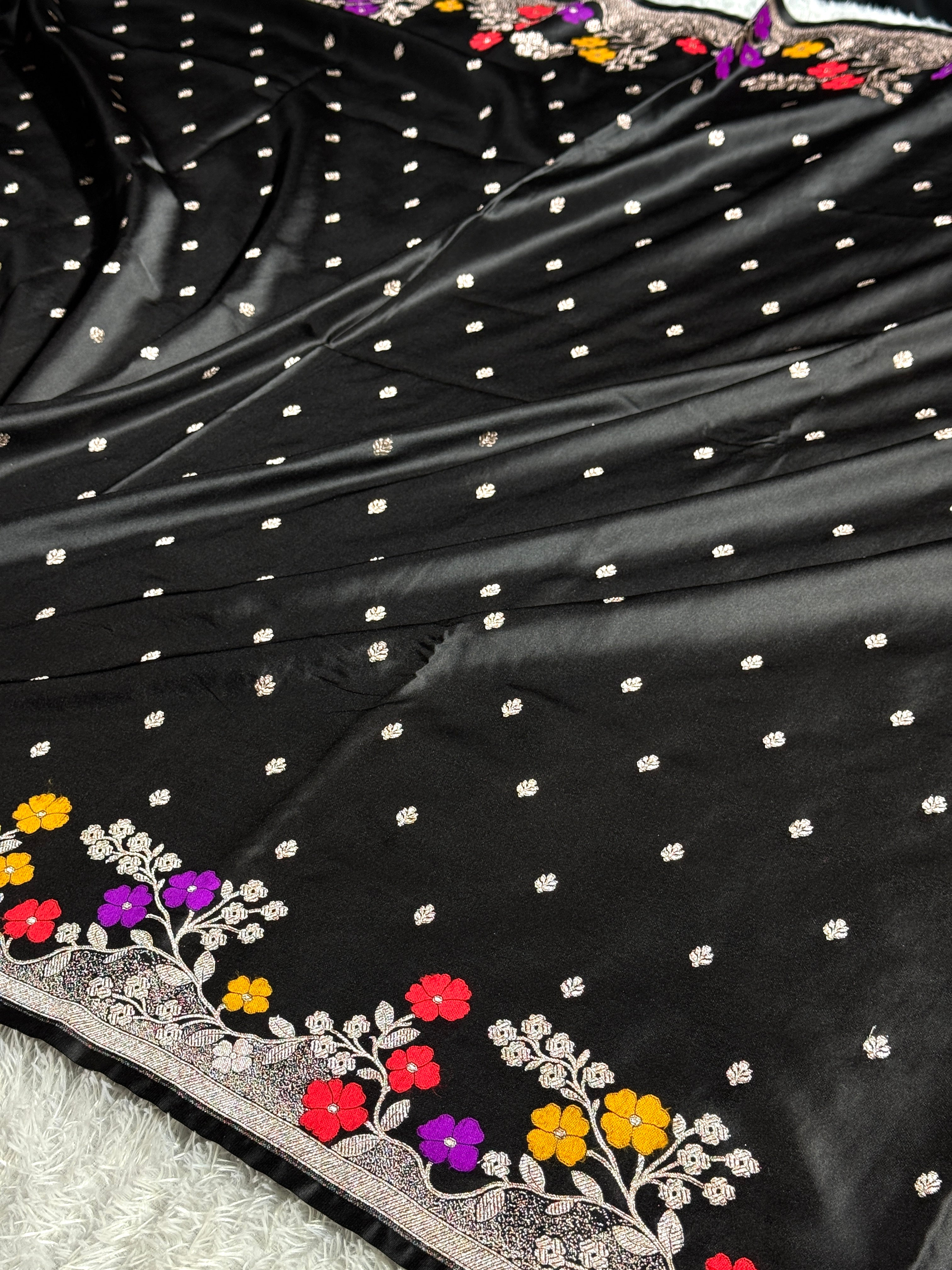 Black Mashru Kataan Silk Saree with Buta Design & Meenakari Zari Border MKS631