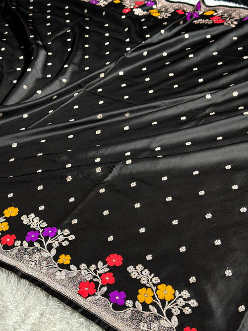 Black Mashru Kataan Silk Saree with Buta Design & Meenakari Zari Border MKS631