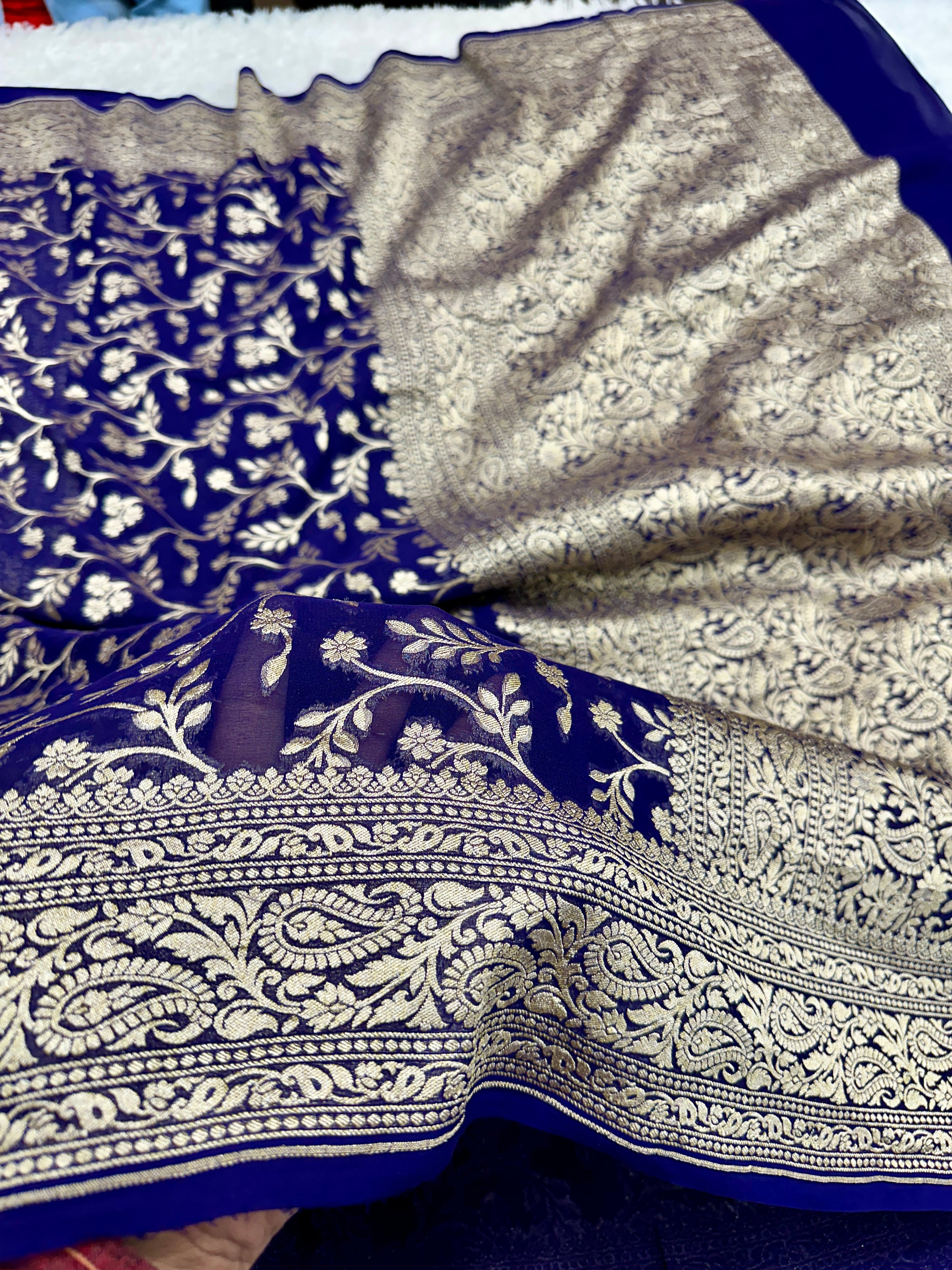 Pure Natural Silk Khaddi Georgette Saree – Blue | Jaal Woven Design VSG11