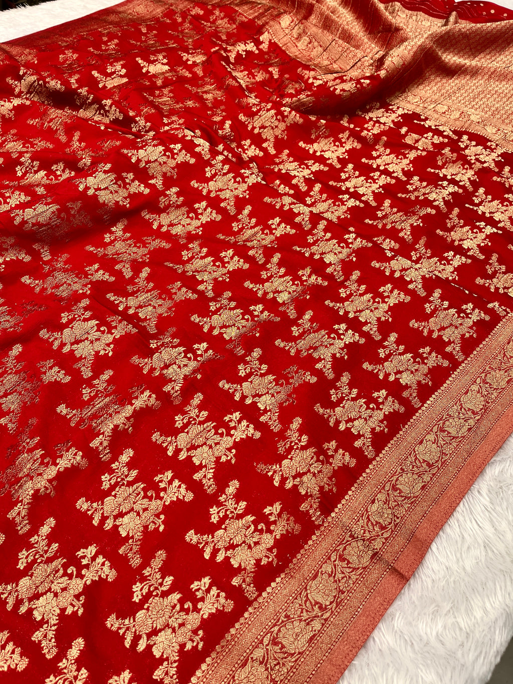 Chinon Silk Flower Design Red  Color Saree CN04