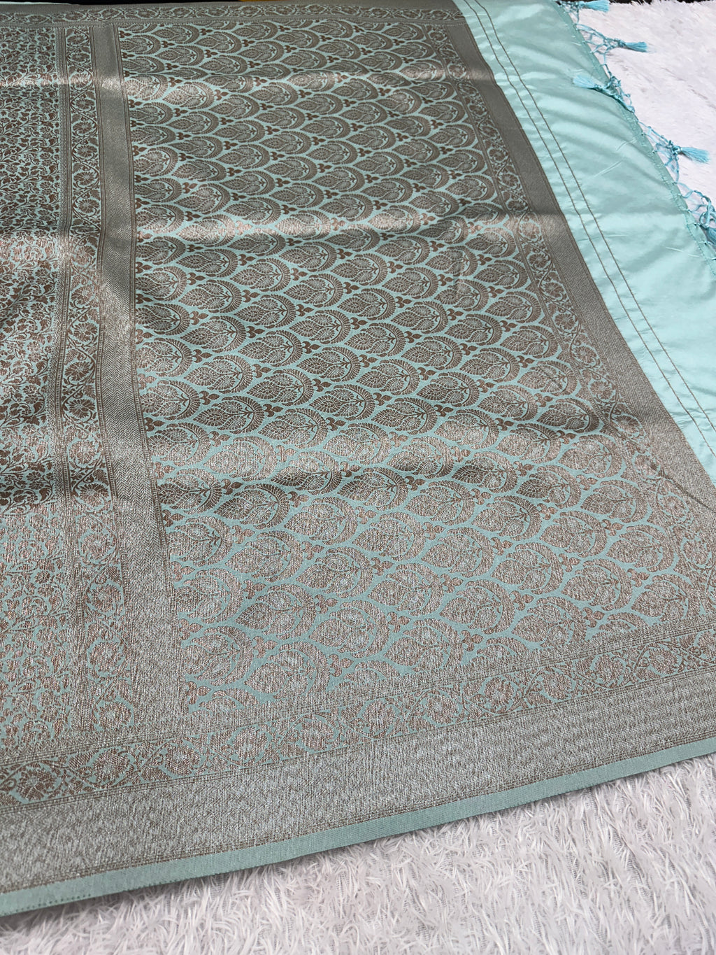 Sea green Banarasi Dupion Silk Saree with Embossed Antique Zari Weaving & Rich Antique Zari Pallu | STF75
